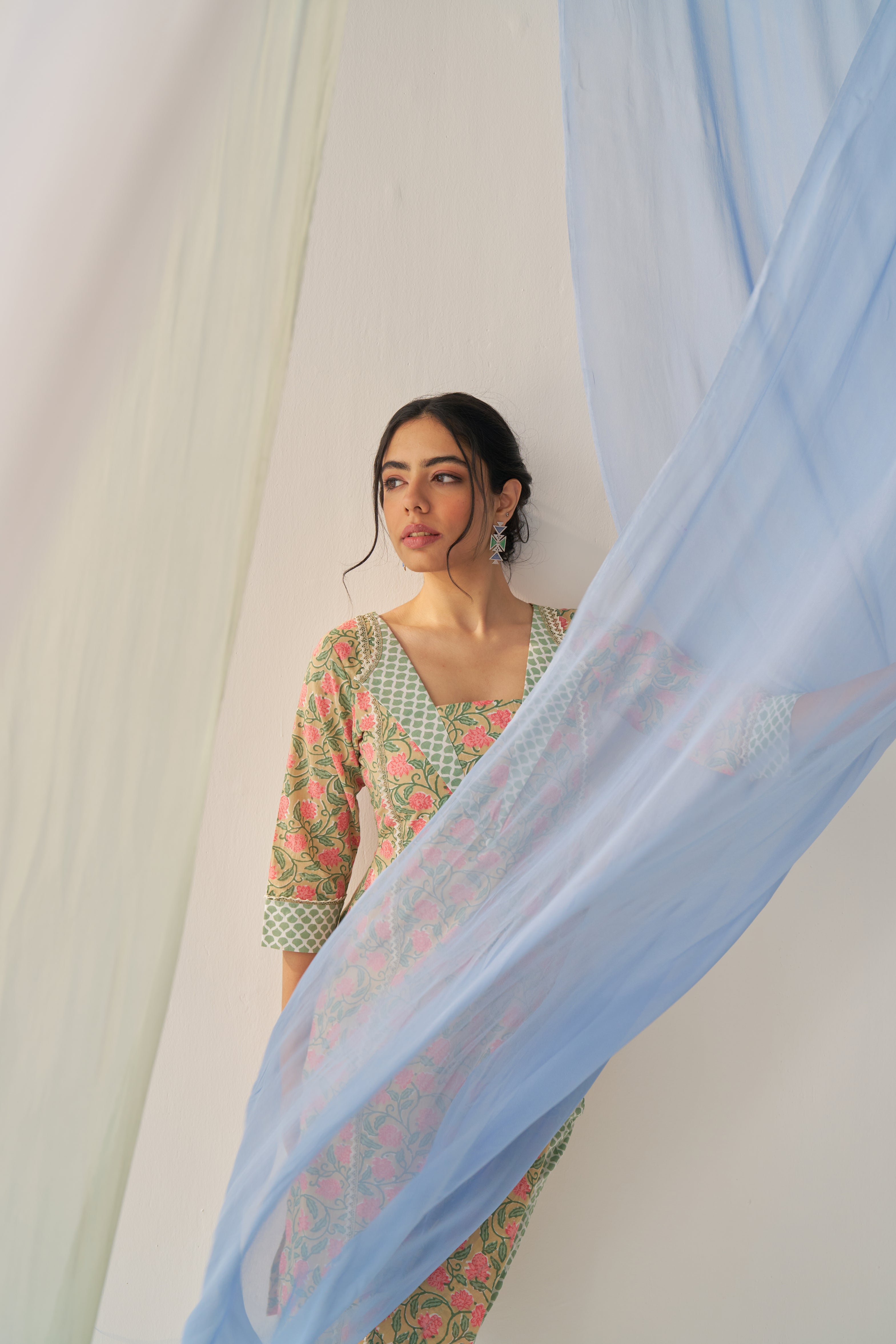 Aruna - Adaara Floral beige pink and green cotton co-ord set with Resham crochet detailing