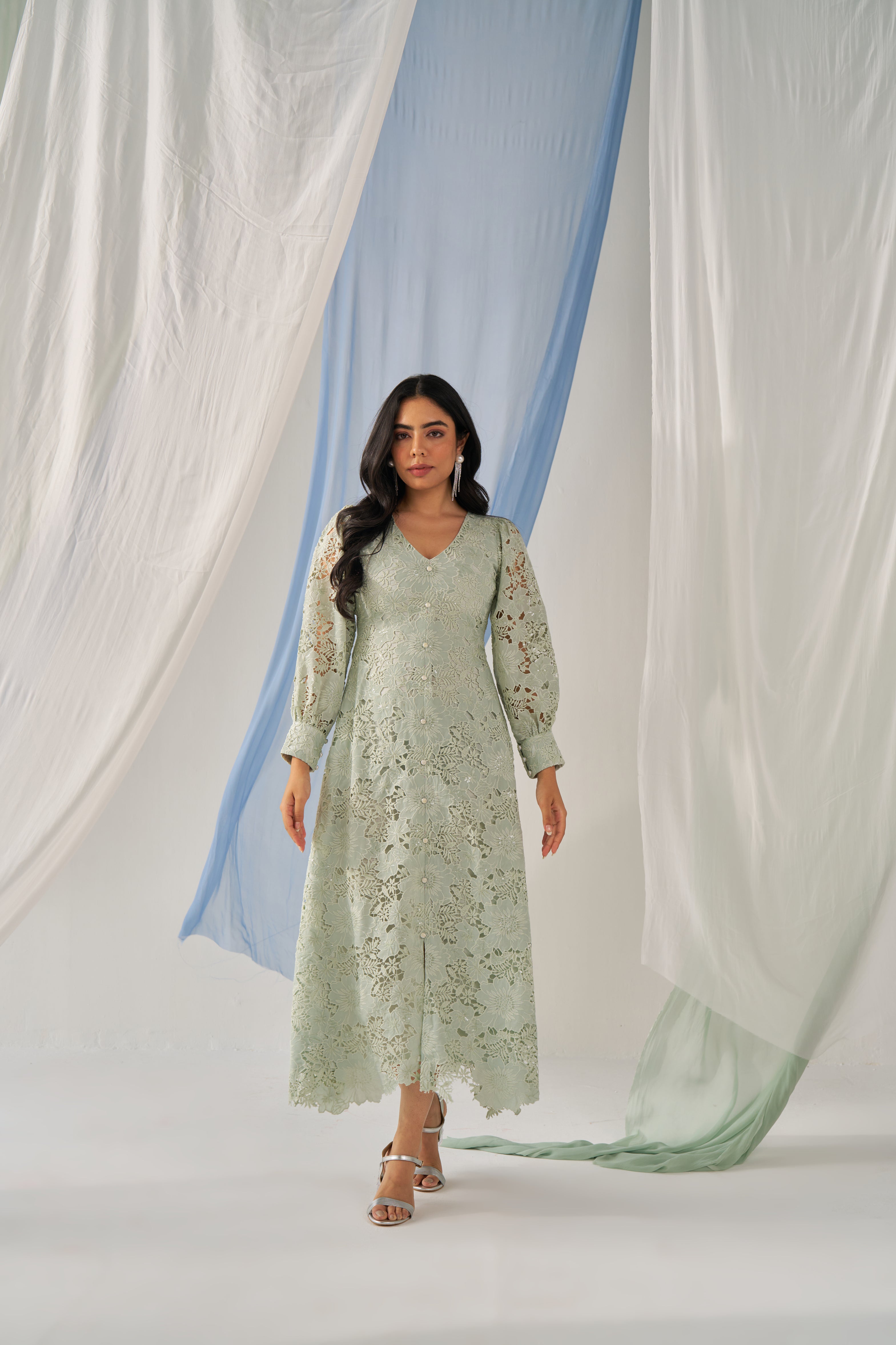 Iduna- Adaara green cutwork A-line mid Slit dress