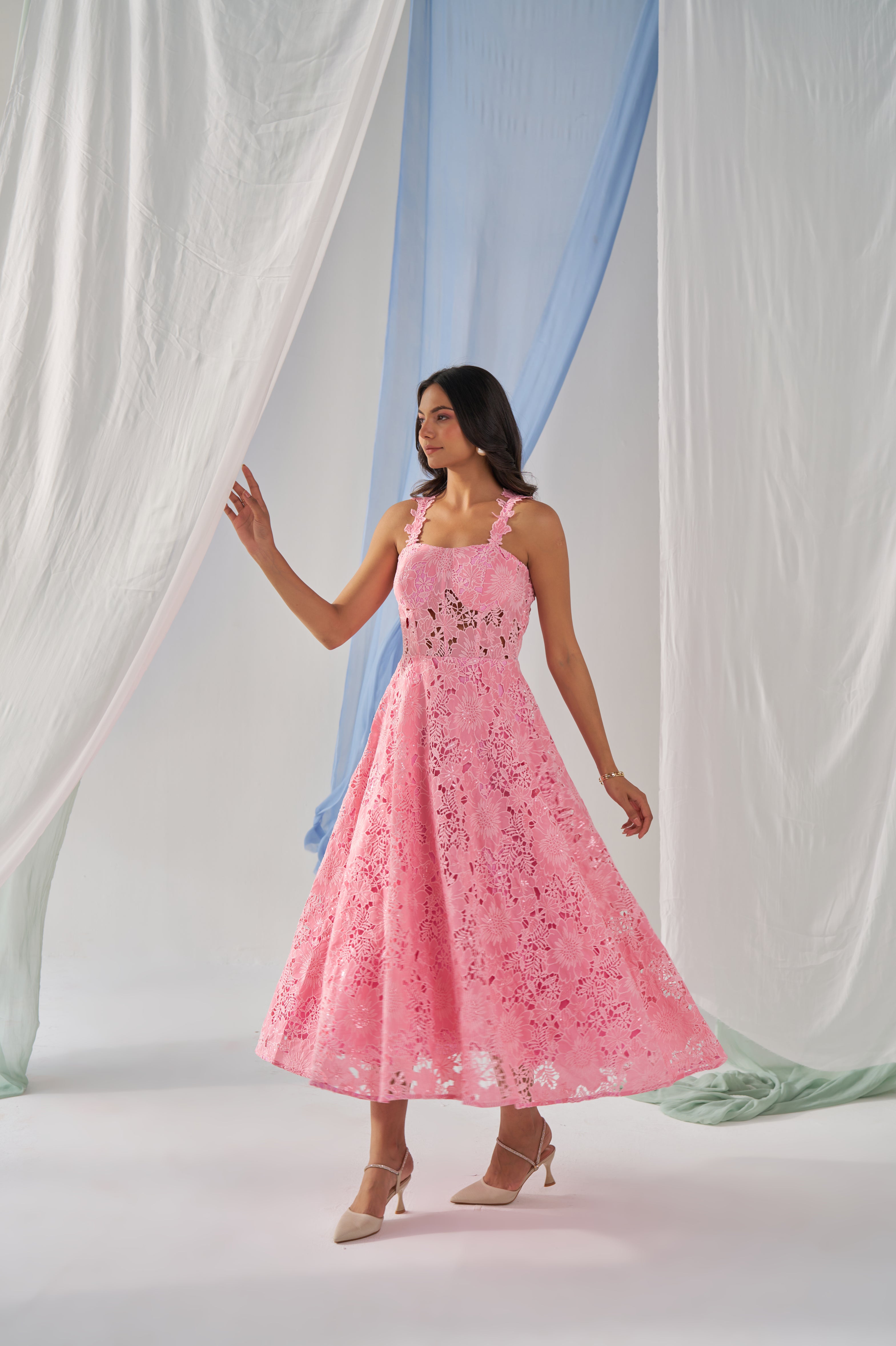 Marshmallow- Adaara pink cutwork Ankle length corset dress
