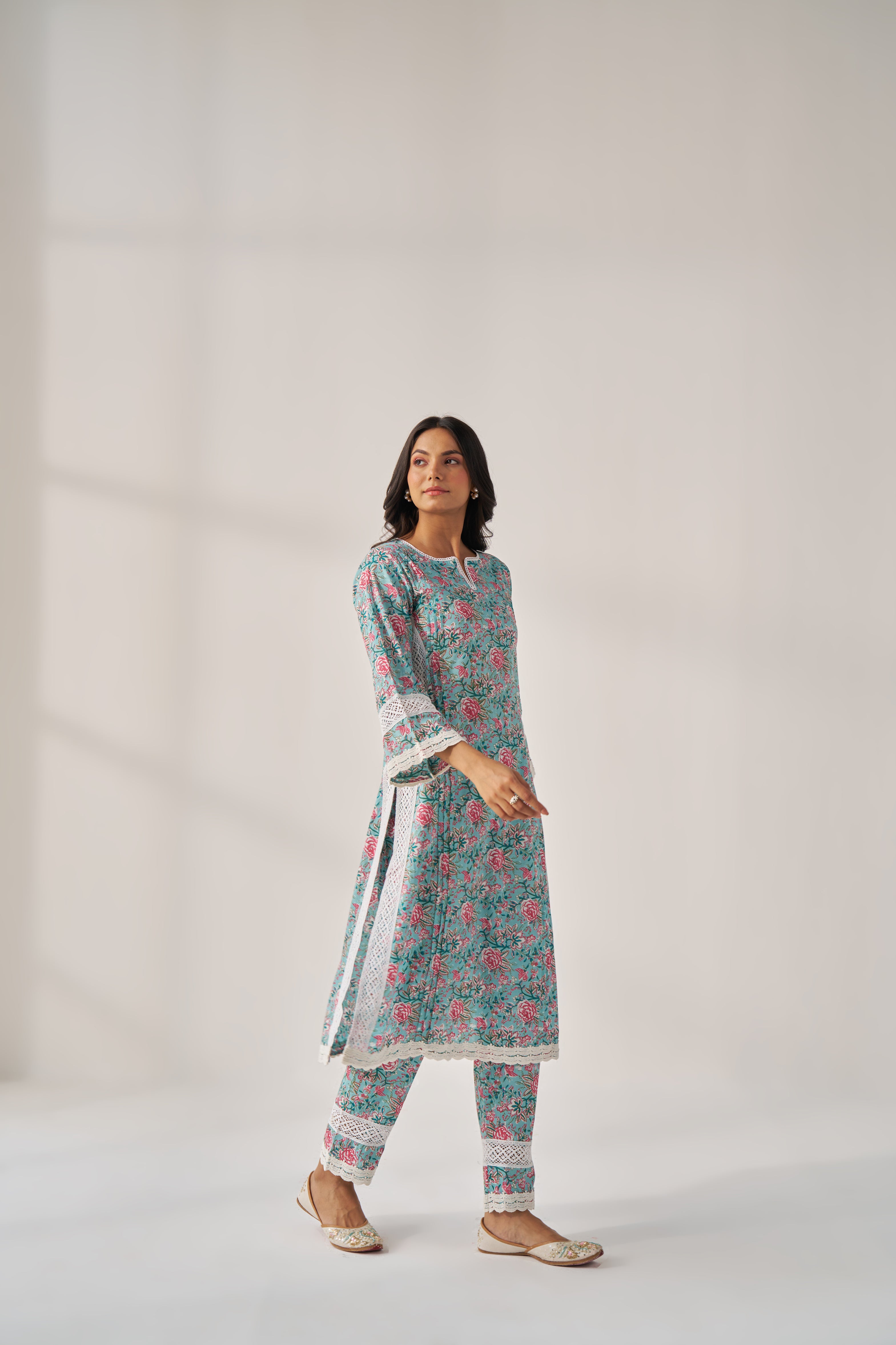 Sheen - Adaara cotton blue kurta set with crochet detailing