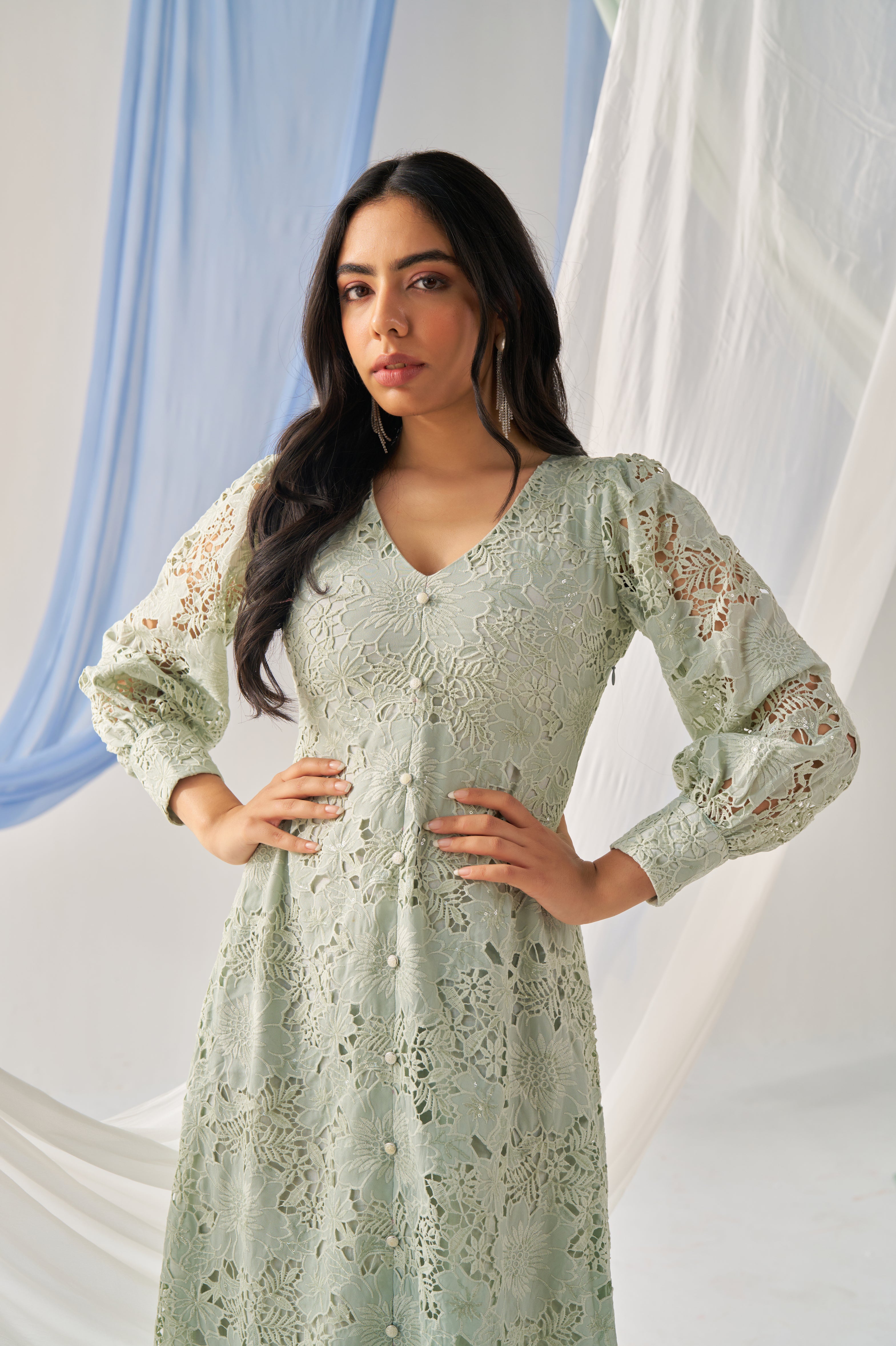 Iduna- Adaara green cutwork A-line mid Slit dress