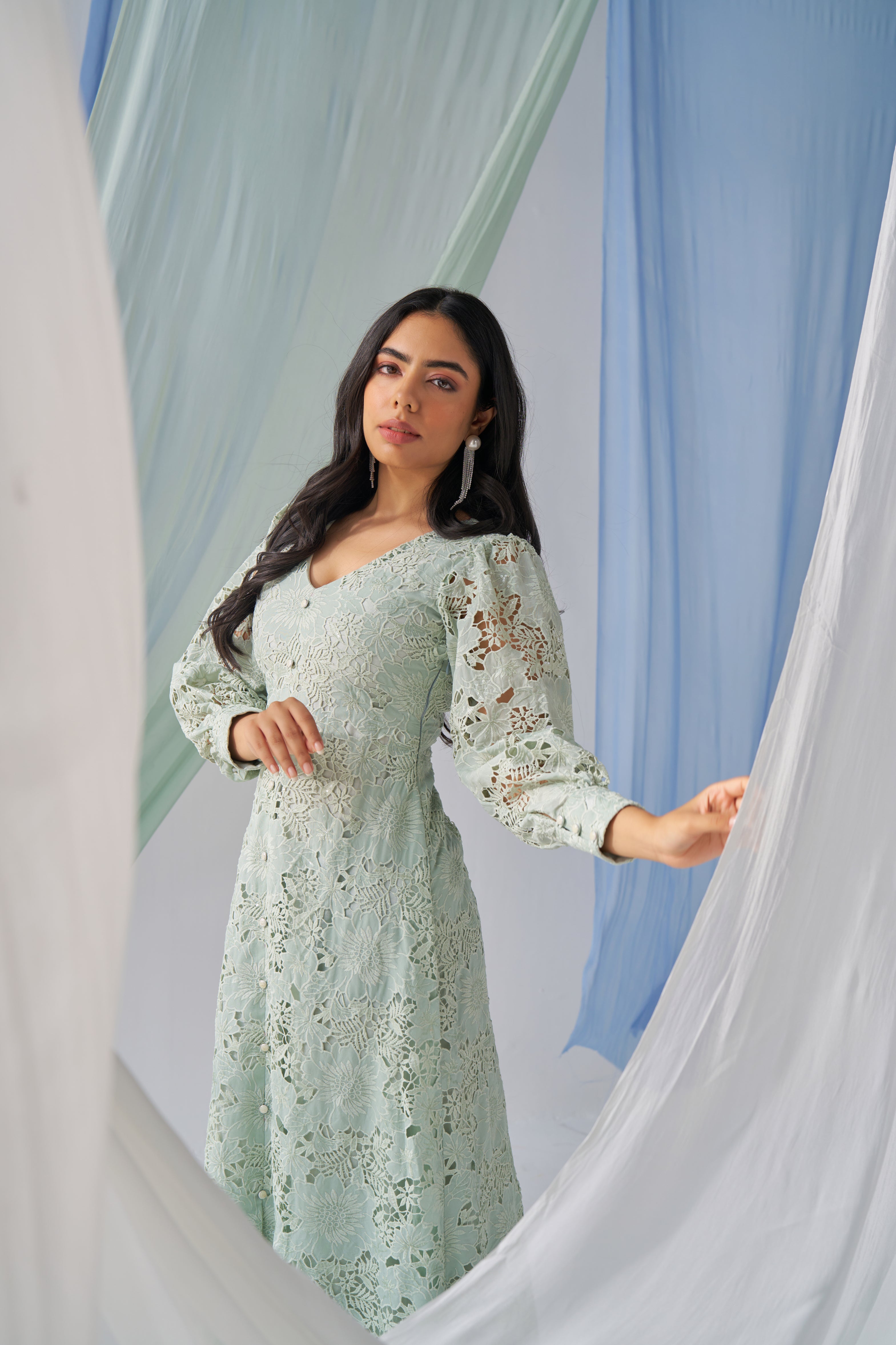 Iduna- Adaara green cutwork A-line mid Slit dress