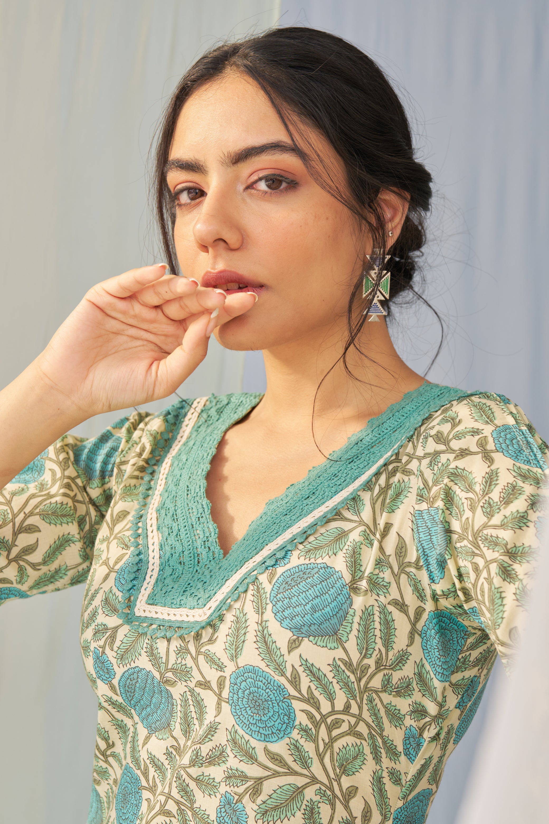 Pratyu - Adaara cotton blue co-ord set with crochet detailed neck