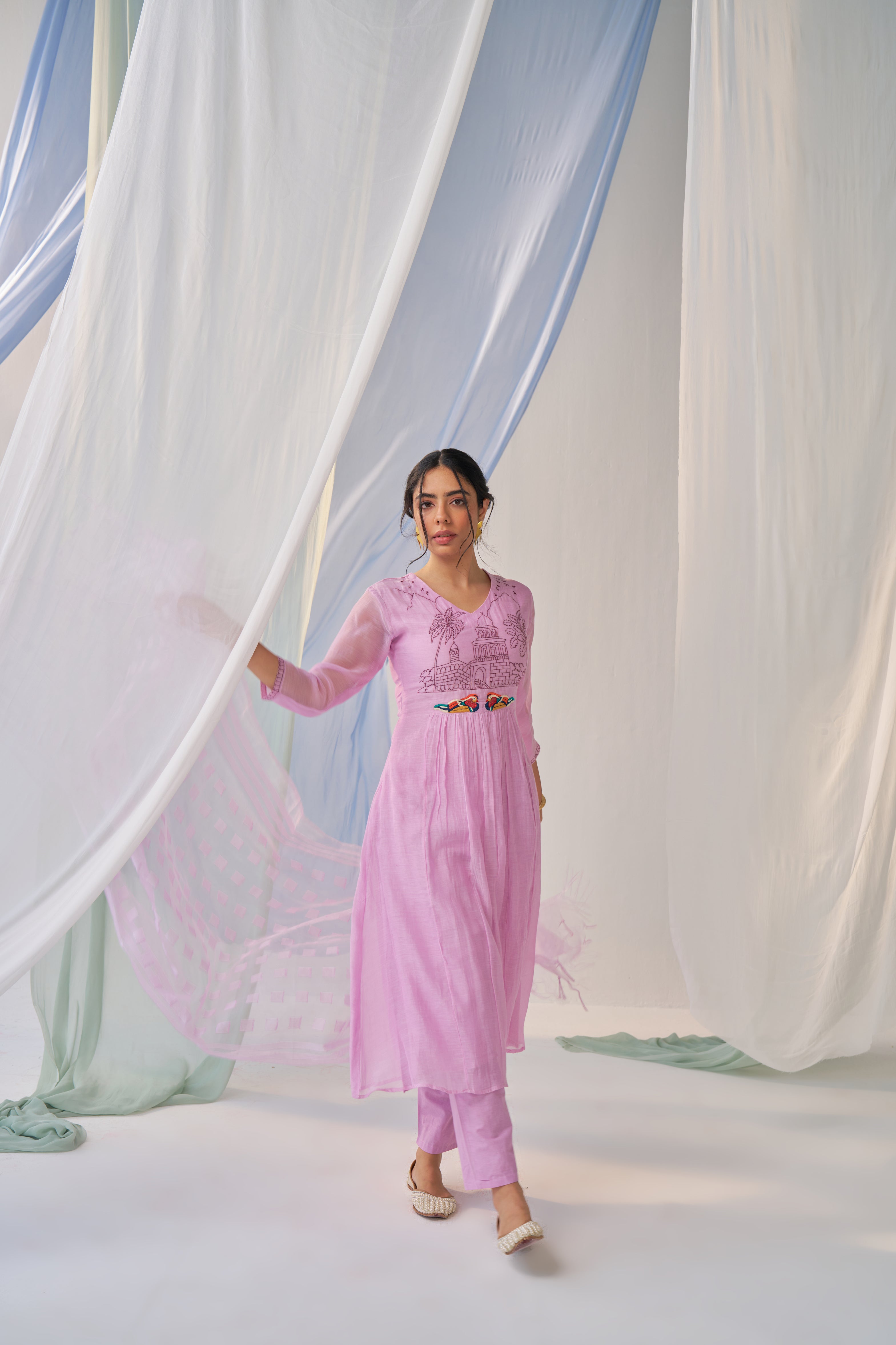 Adhira - Adaara Mal cotton Lavender A-line Suit set with Resham Embroidery and Kota Dupatta