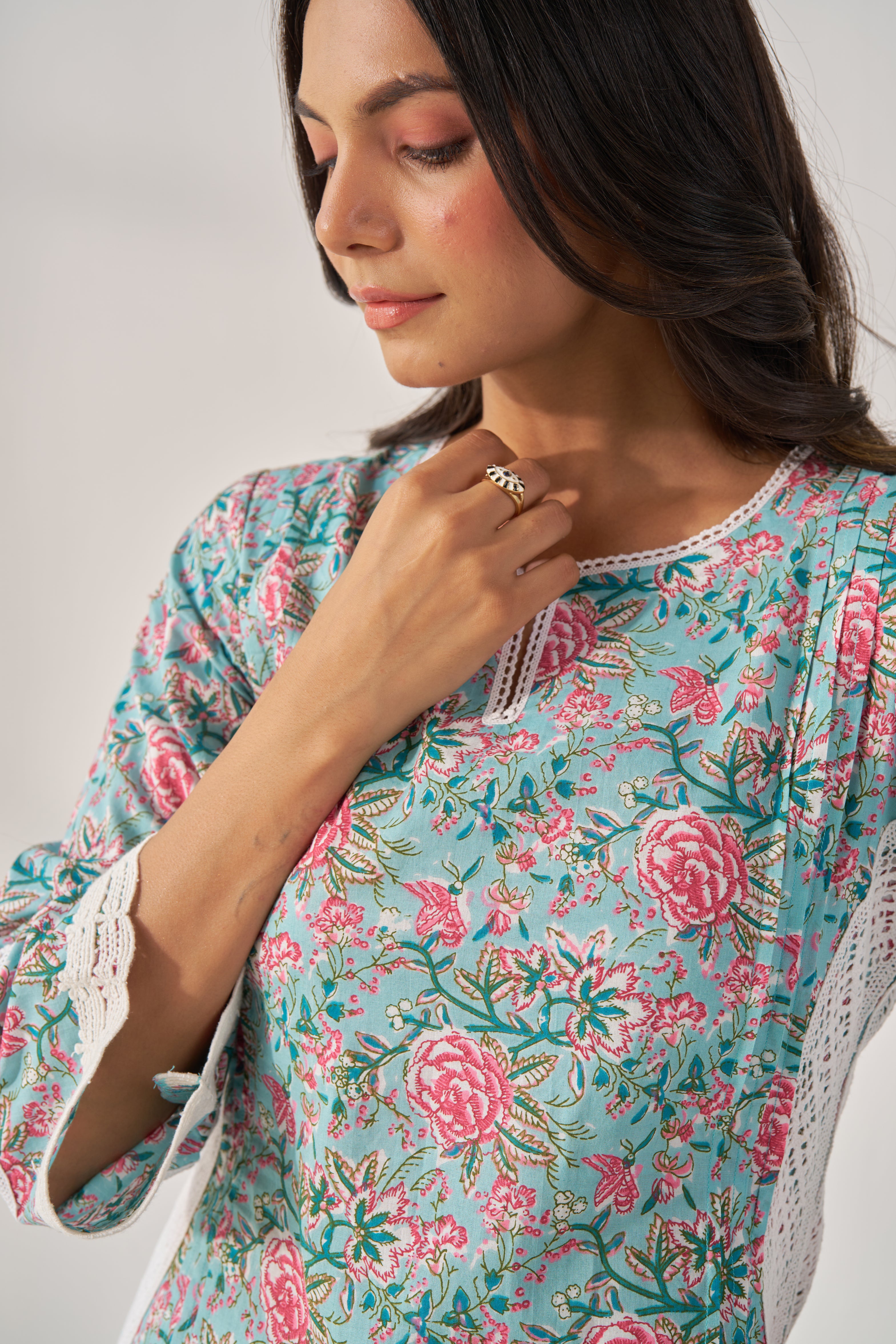 Sheen - Adaara cotton blue kurta set with crochet detailing