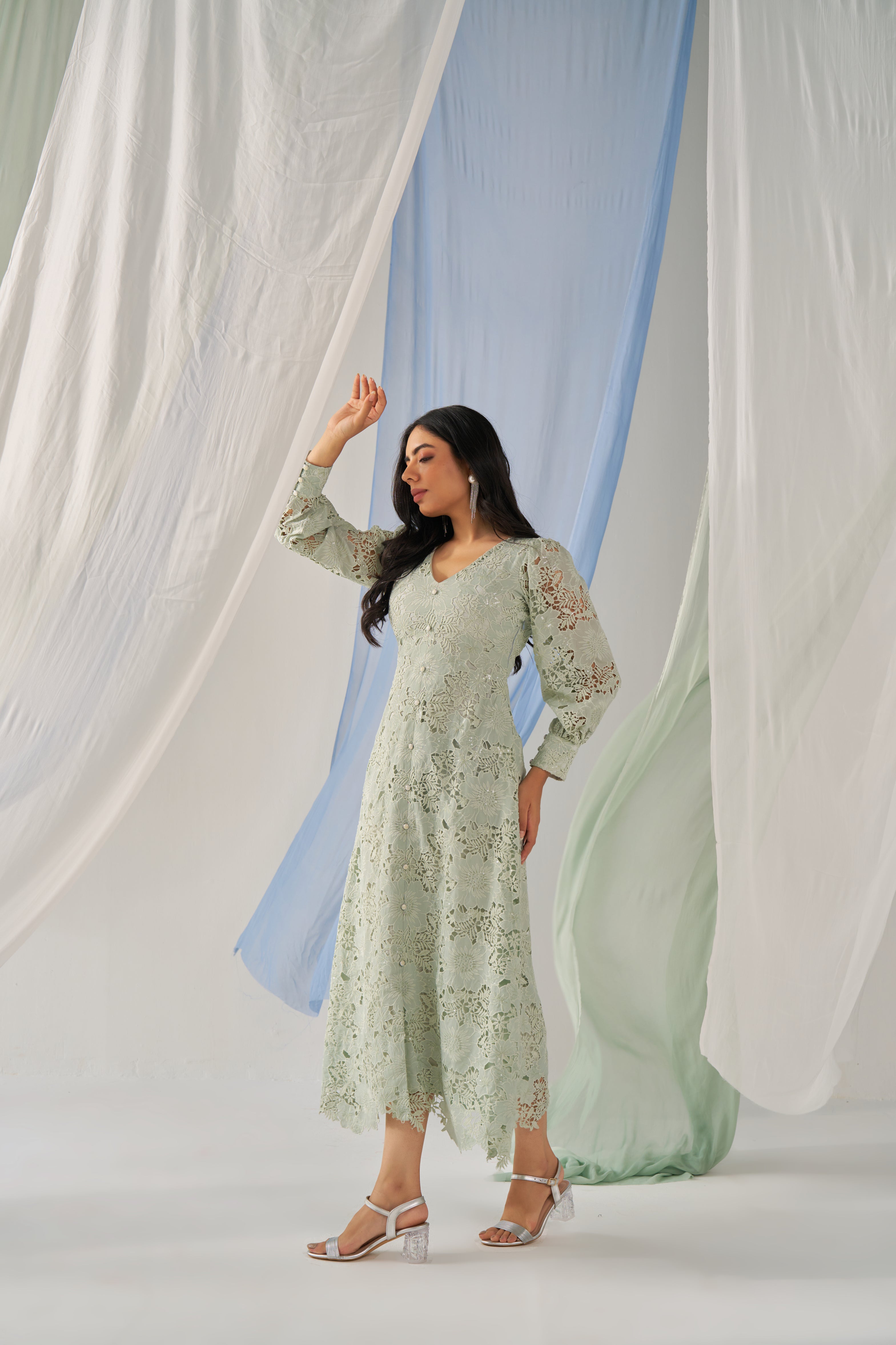 Iduna- Adaara green cutwork A-line mid Slit dress