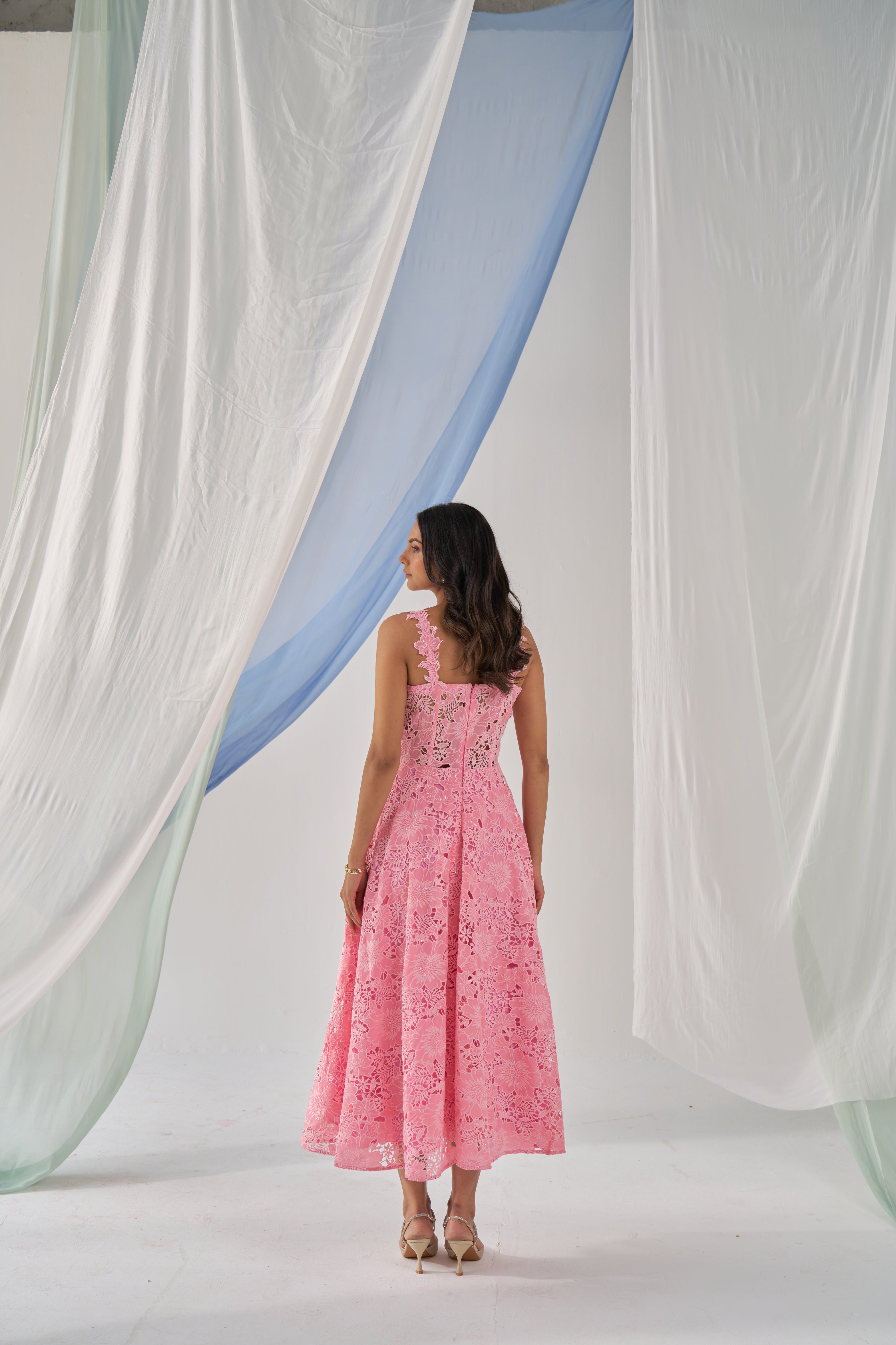 Marshmallow- Adaara pink cutwork Ankle length corset dress