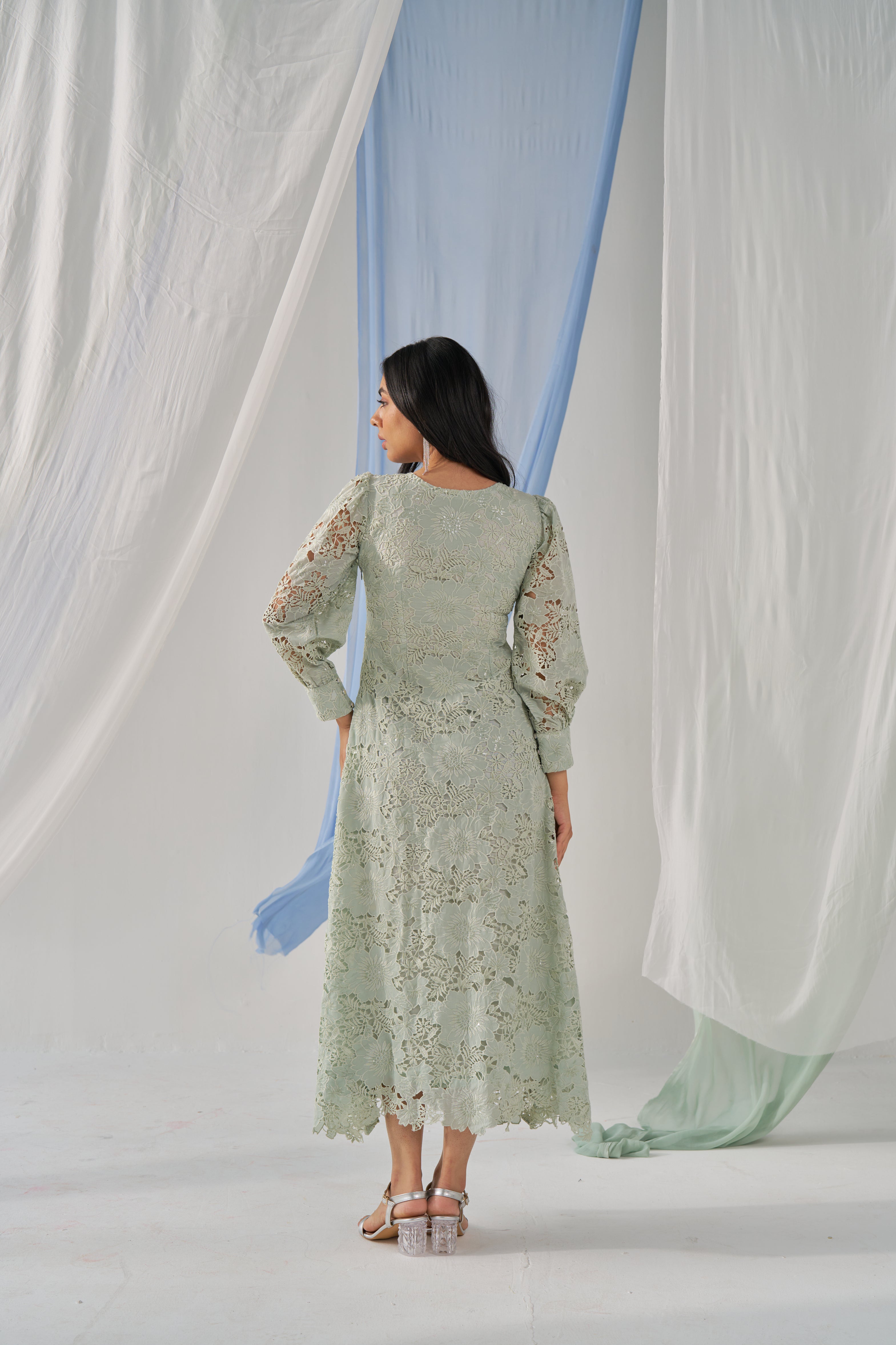 Iduna- Adaara green cutwork A-line mid Slit dress
