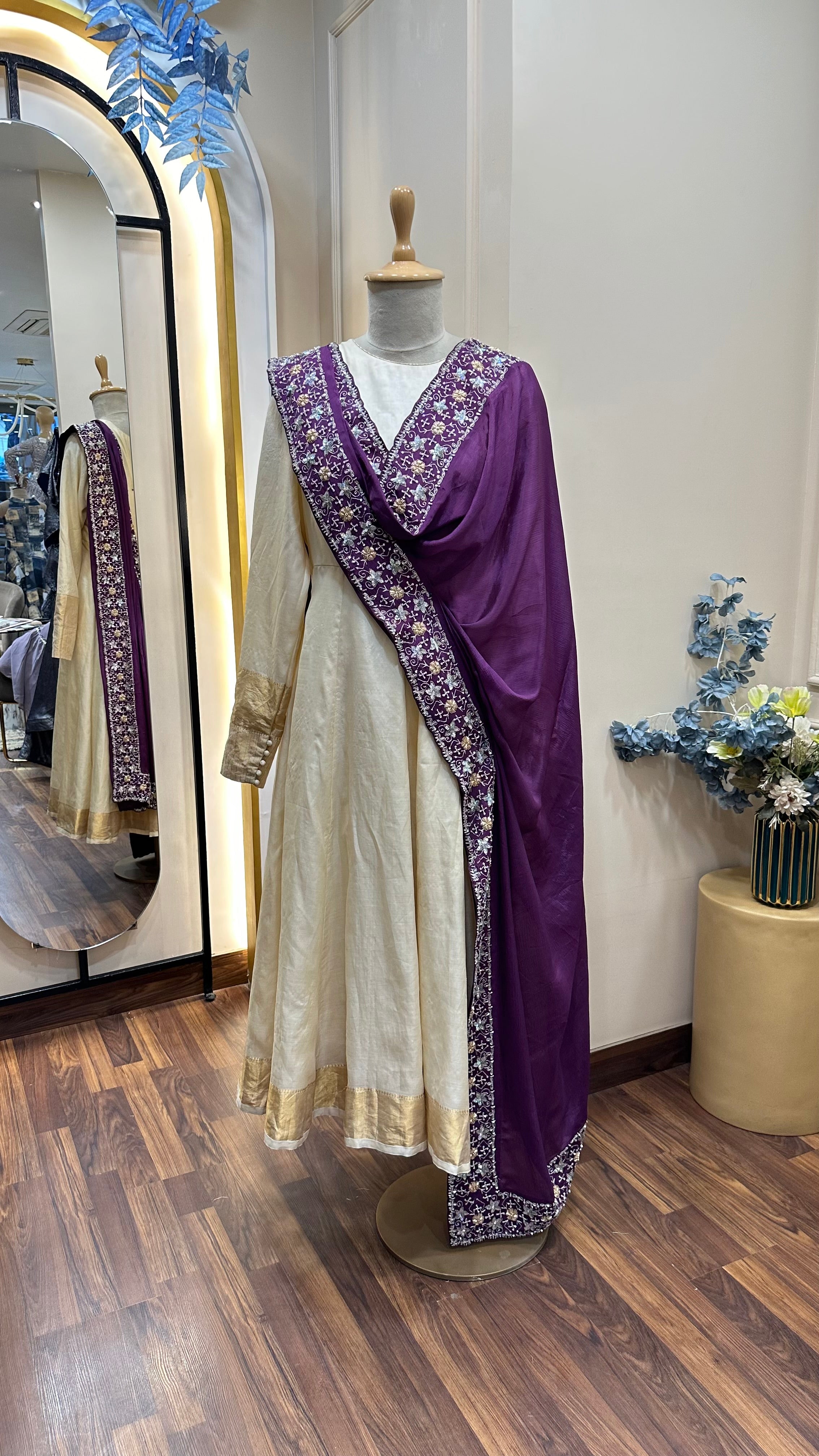 Pure silk Anarkali with Handworked borders on Chinon Dupatta
