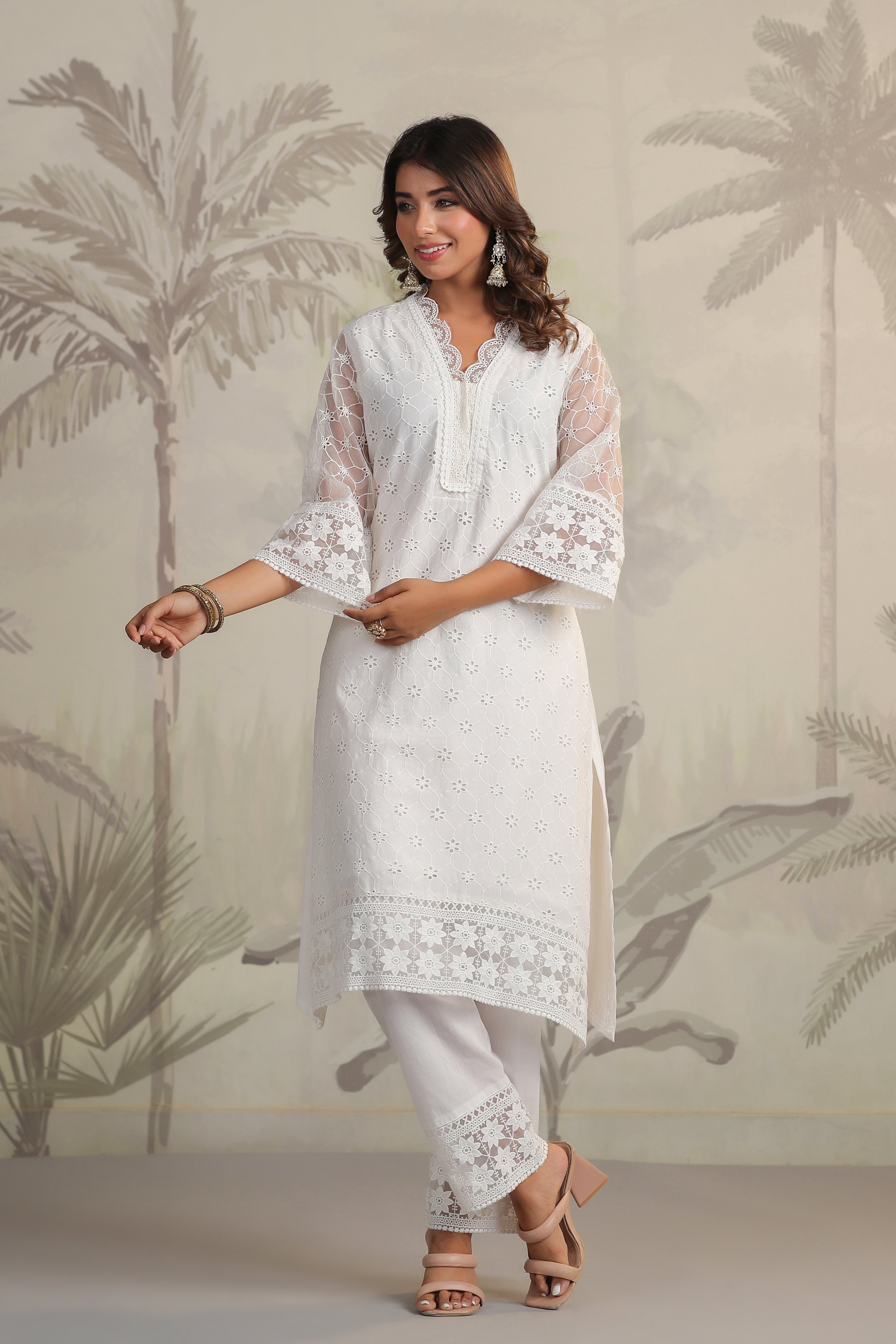 Fitoor white Cotton Schiffli cutwork kurta pant set with dupatta
