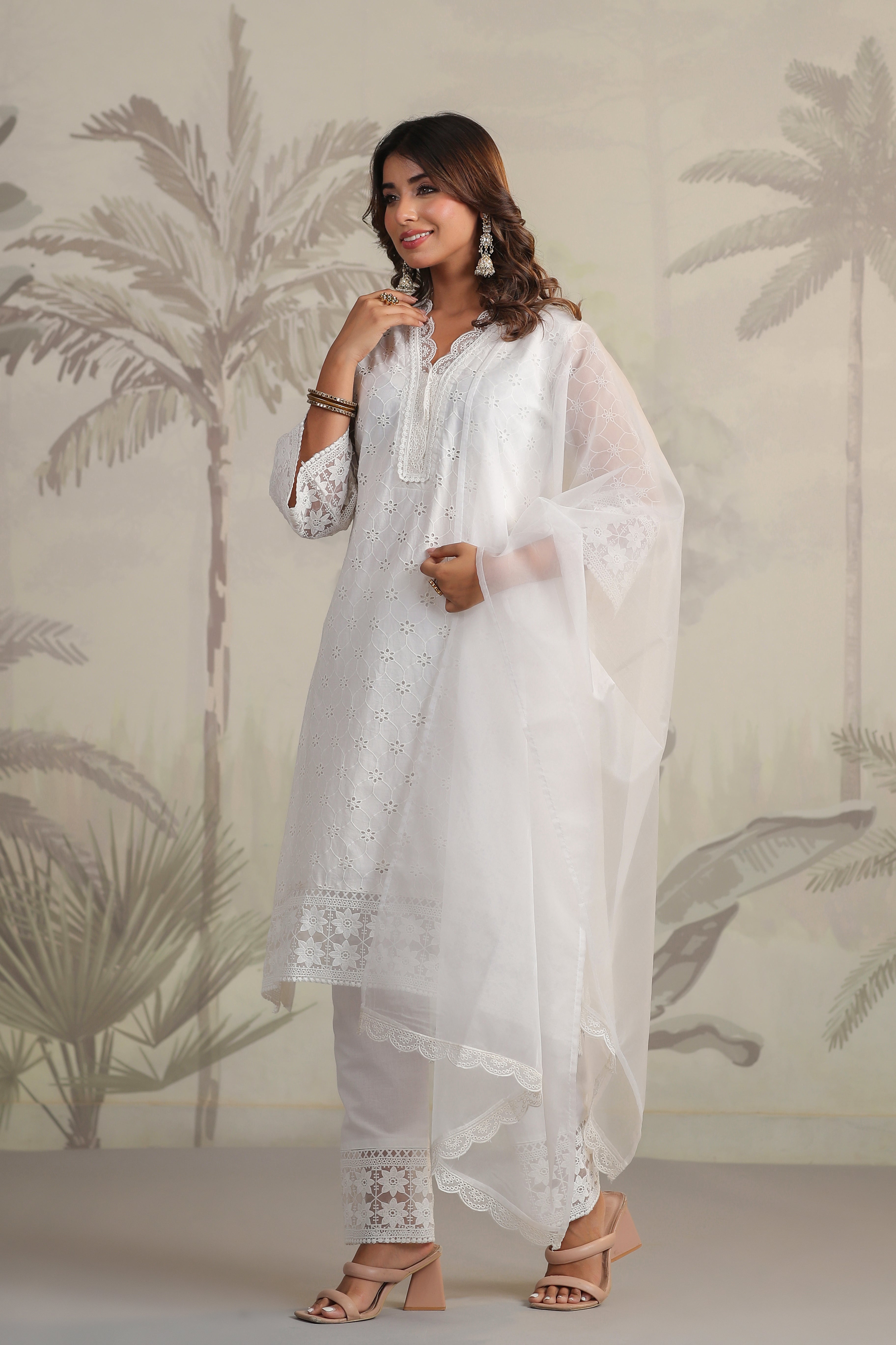 Fitoor white Cotton Schiffli cutwork kurta pant set with dupatta