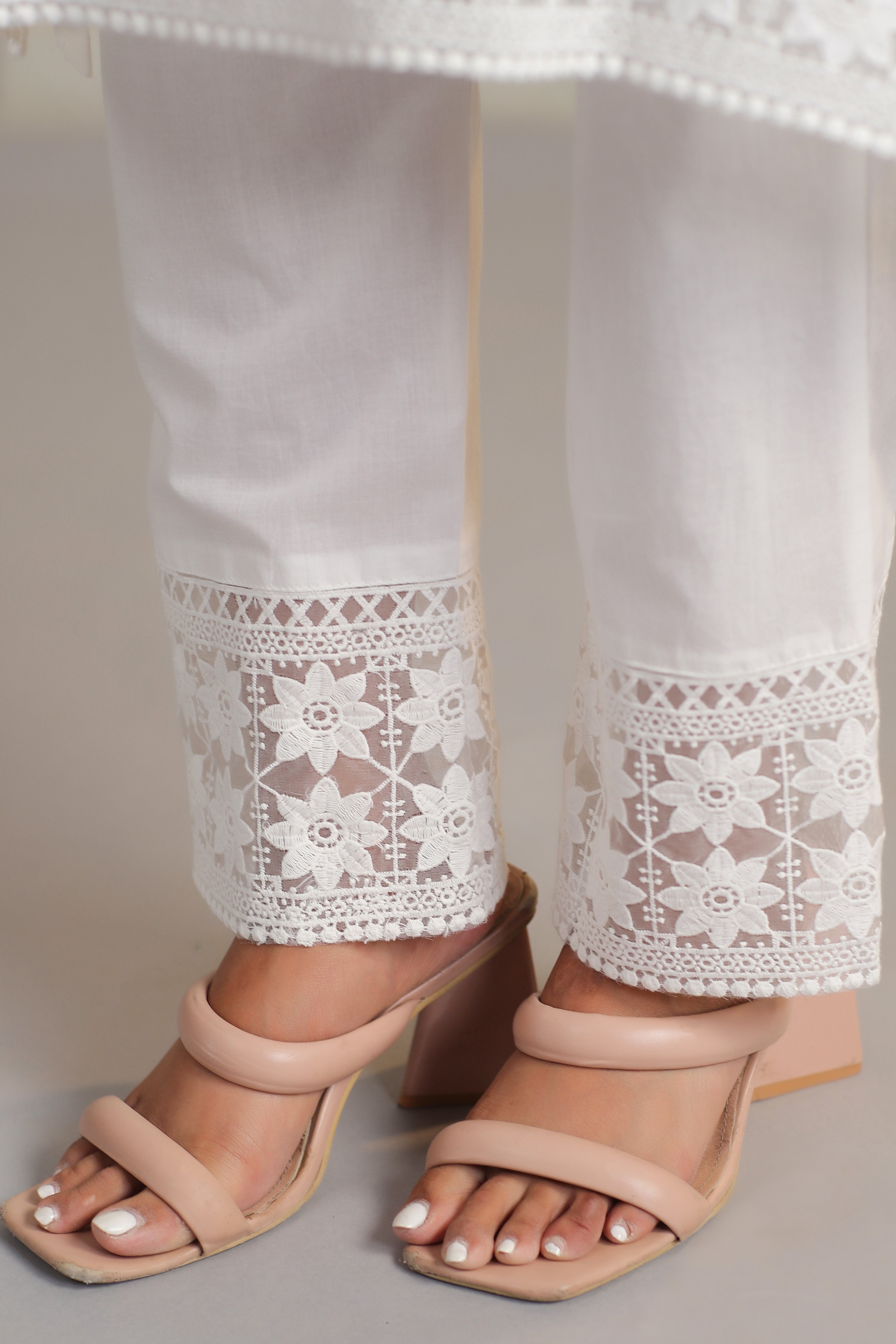 Fitoor white Cotton Schiffli cutwork kurta pant set with dupatta