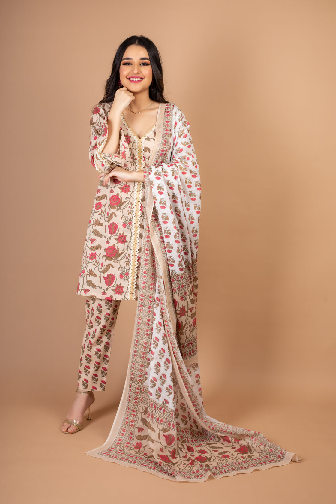 Tisya- Adaara Beiege and pink Floral Print Suit Set with Lace detailing - Adaara