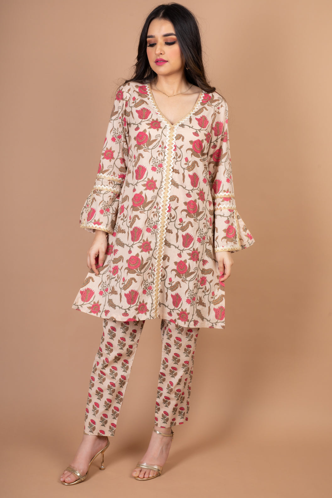 Tisya- Adaara Beiege and pink Floral Print Suit Set with Lace detailing - Adaara