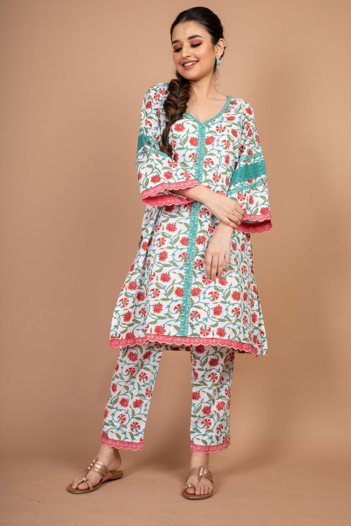 Nitya - Adaara white and coral blue Floral Printed Co-ord Set - Adaara