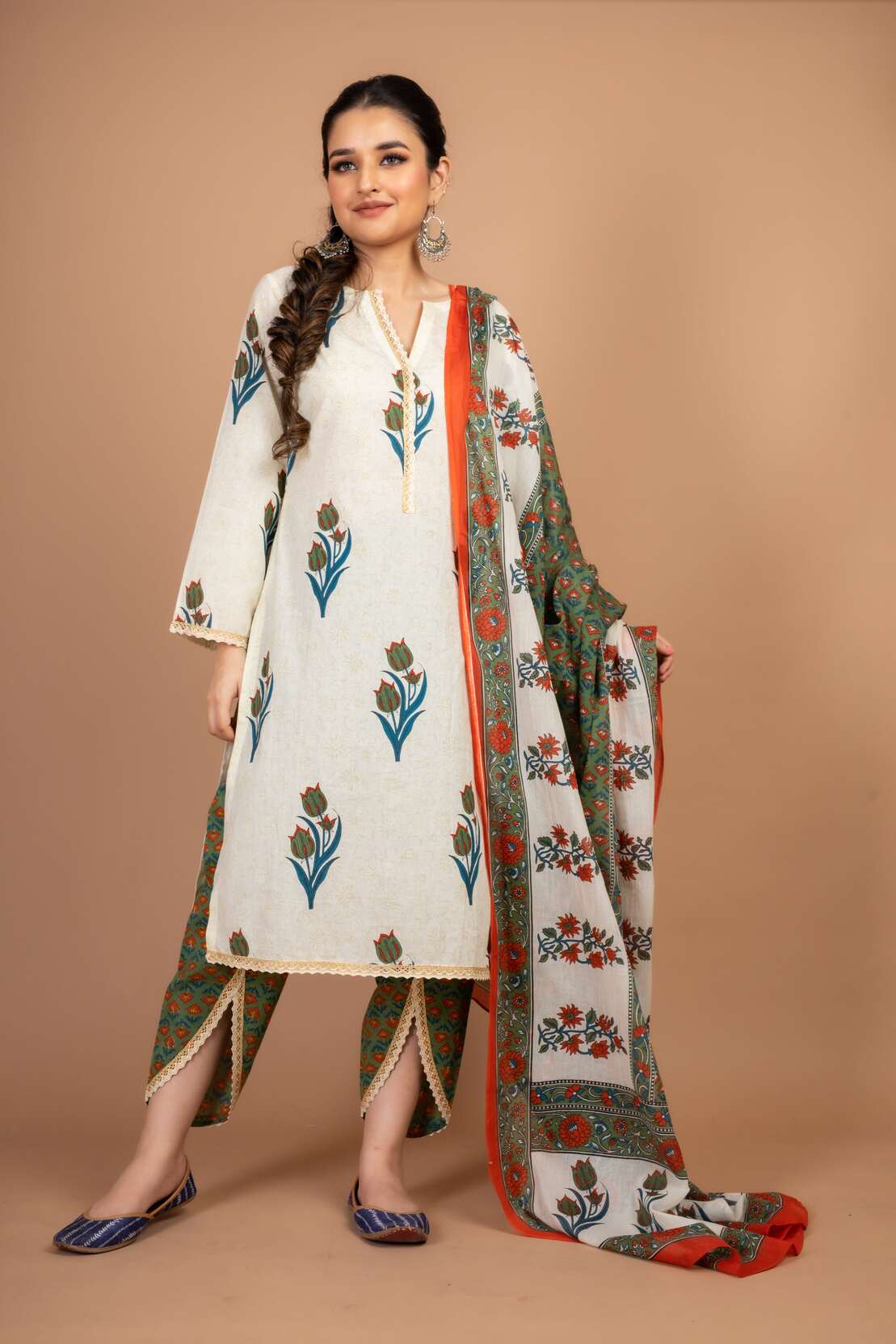 Aarya - Adaara white and green block print Suit Set with Tulip pant and Dupatta - Adaara