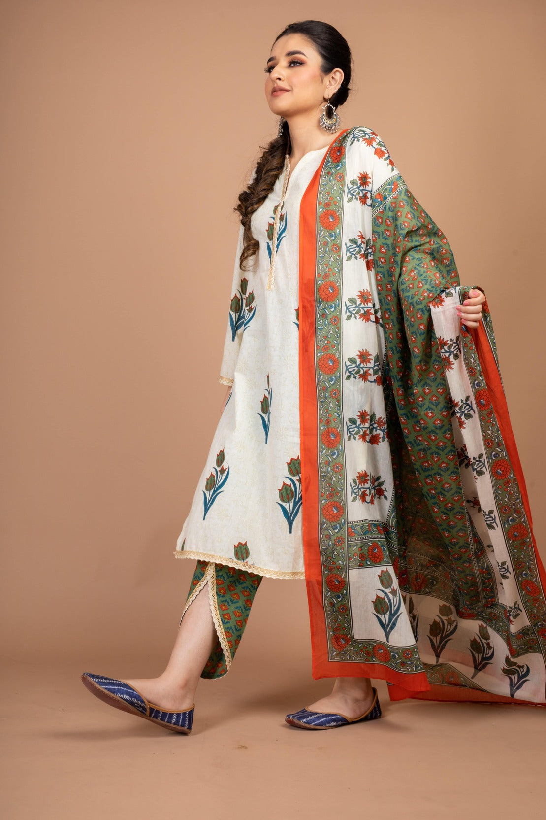 Aarya - Adaara white and green block print Suit Set with Tulip pant and Dupatta - Adaara