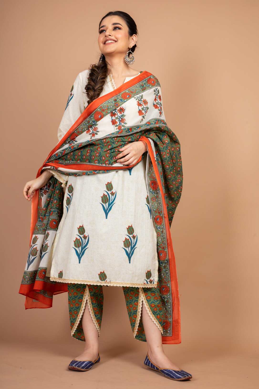 Aarya - Adaara white and green block print Suit Set with Tulip pant and Dupatta - Adaara