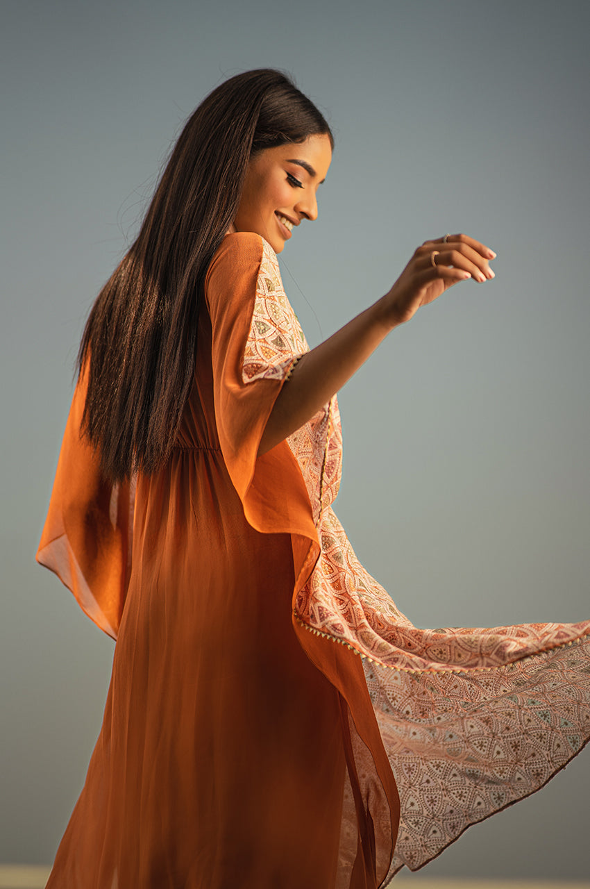 Aanya-Adaara georgette rust orange Kaftaan and pant set - Adaara