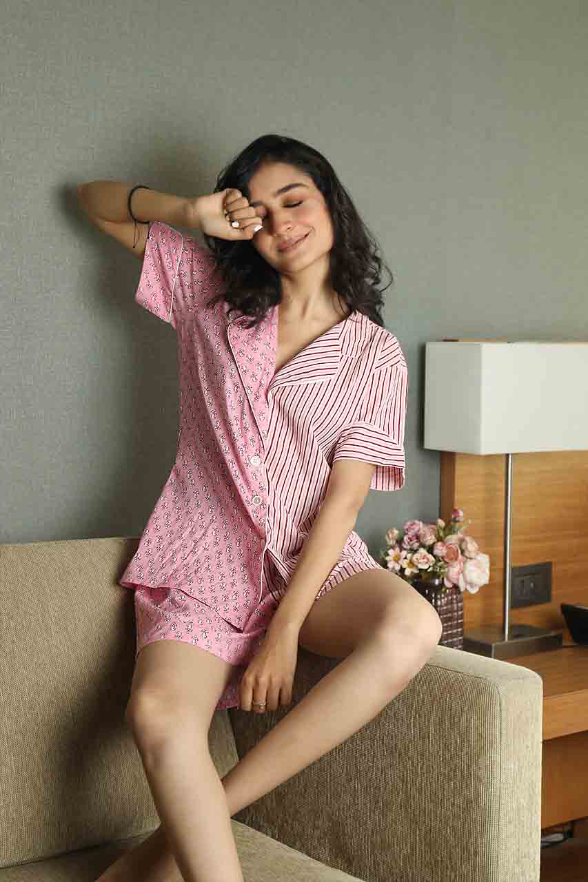 Rapunzel- Adaara striped cotton pink night suit - Adaara