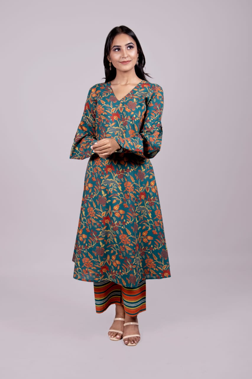 Green Floral Print Kurti & Palazzo - Adaara