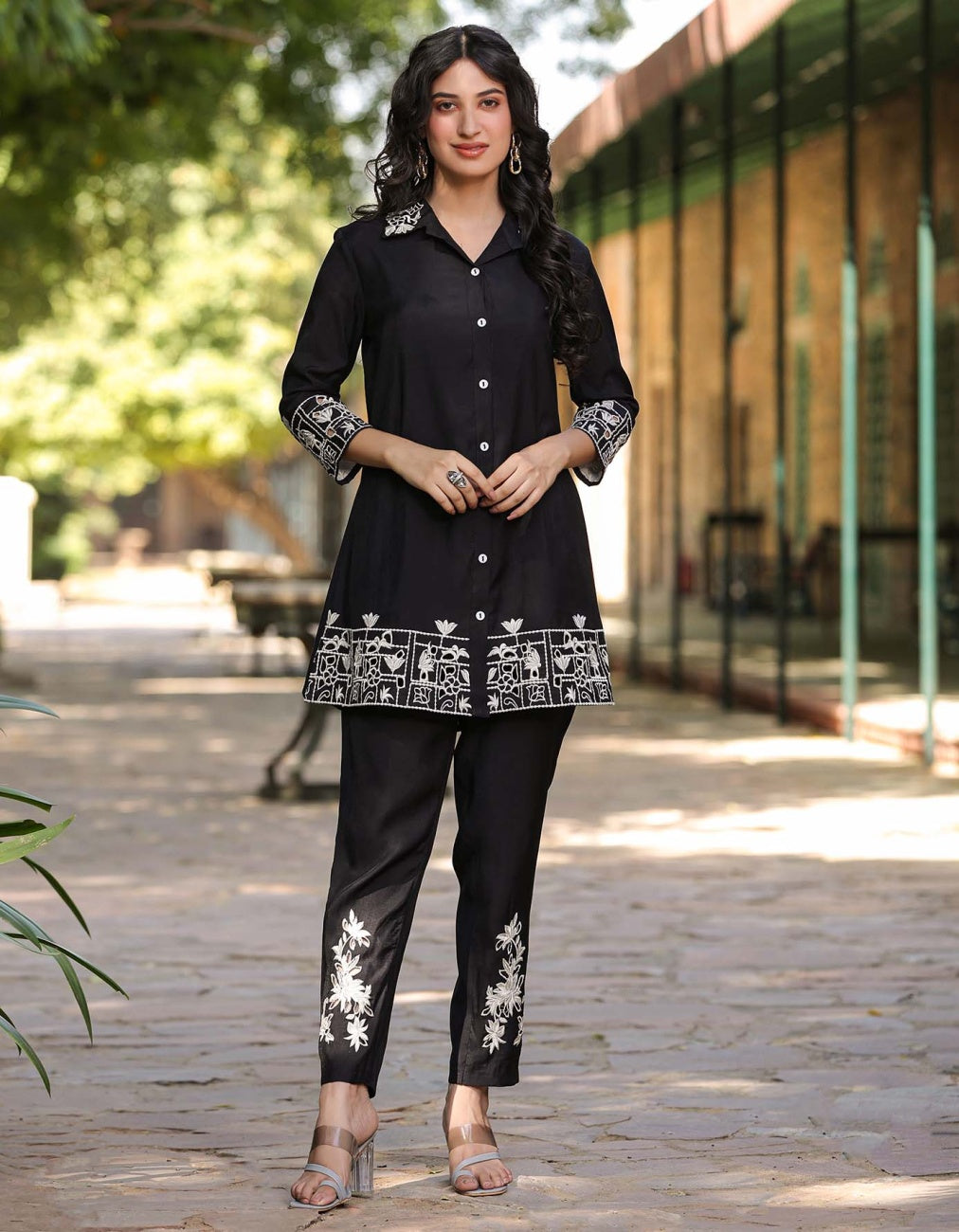Black Roman Silk Embroidered Shirt With Pant Co-Ord Set