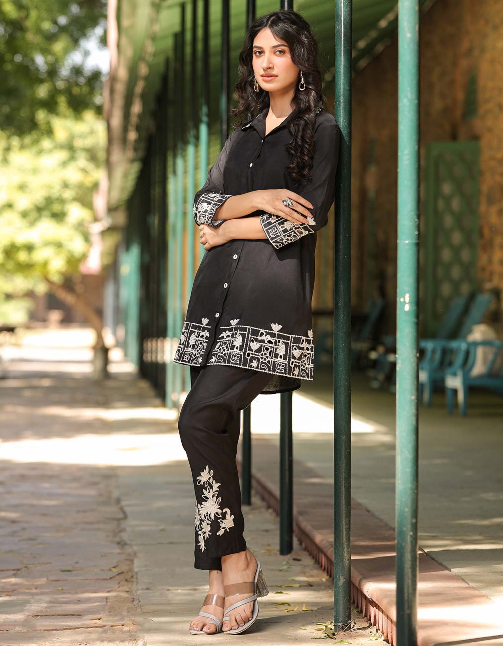 Black Roman Silk Embroidered Shirt With Pant Co-Ord Set