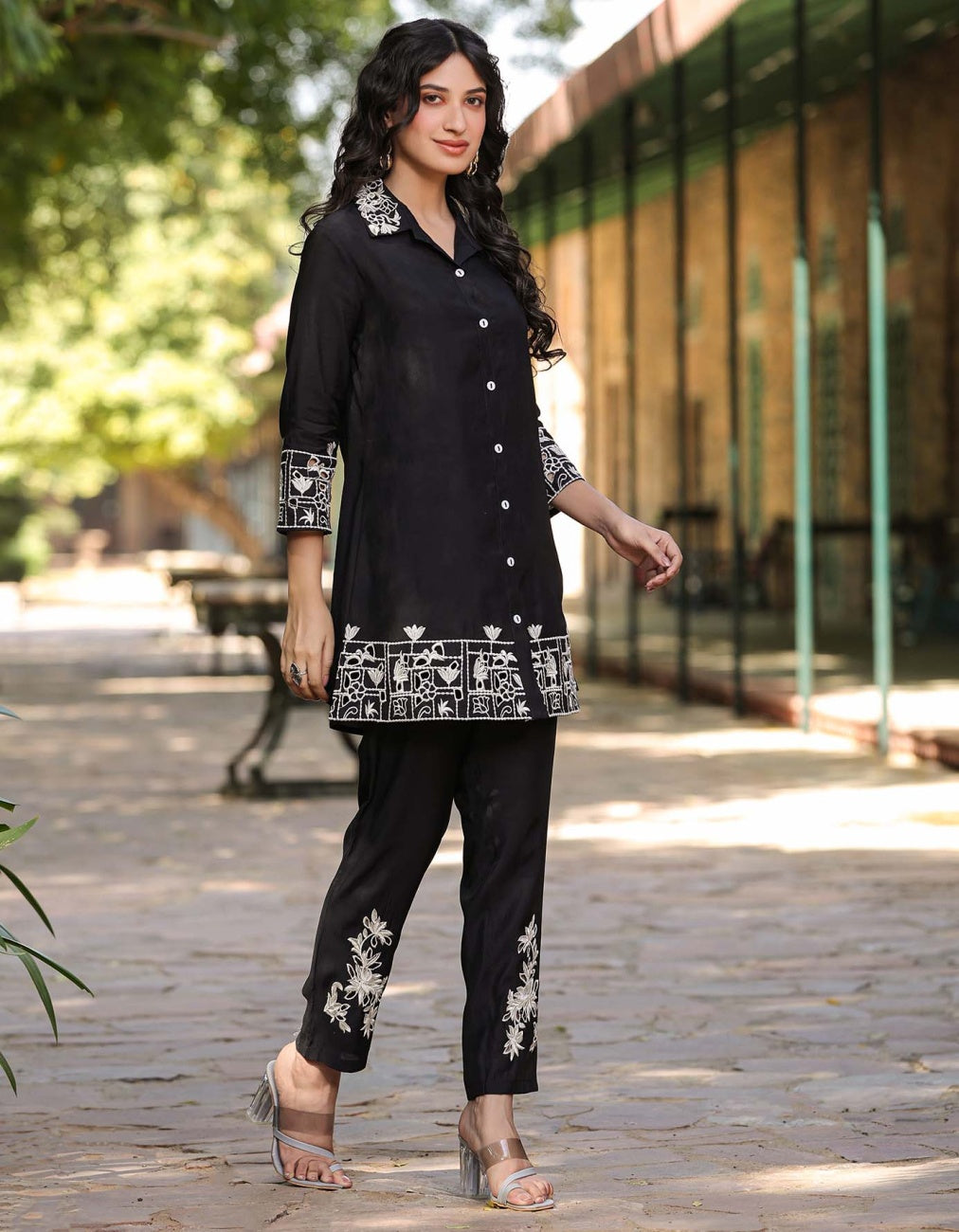 Black Roman Silk Embroidered Shirt With Pant Co-Ord Set