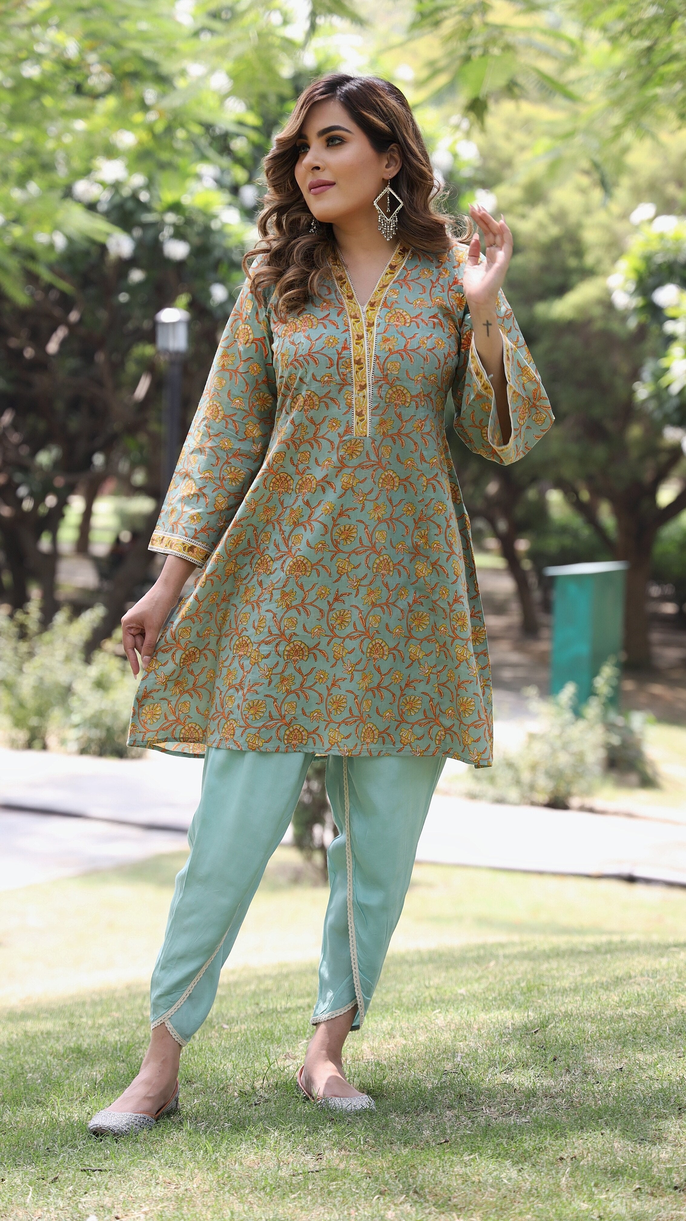 Anika - Adaara Floral Greenish Blue  A-line Kurta with Tulip Pants