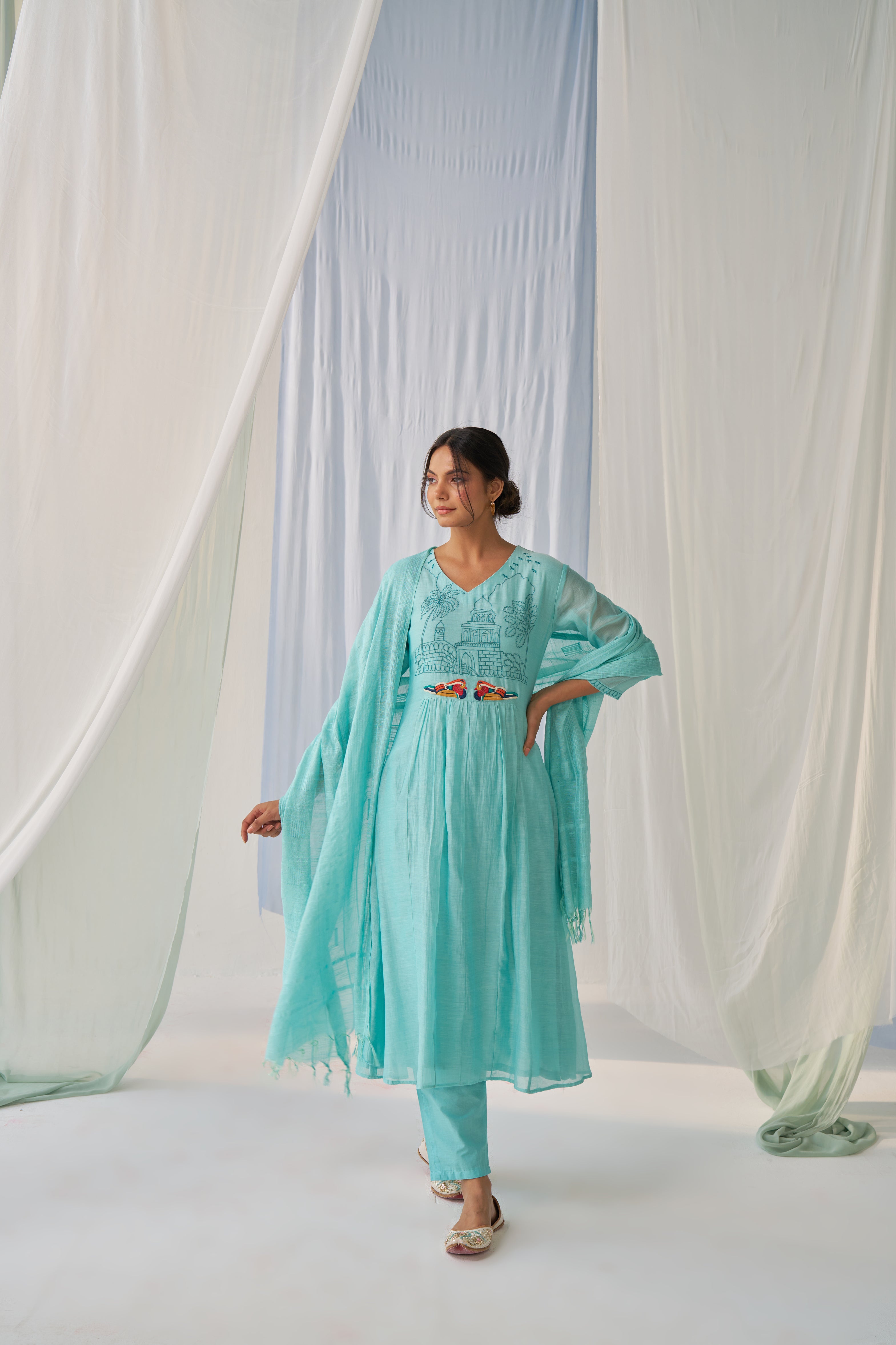 Ahana- Adaara Mal cotton green A-line Suit set with Resham Embroidery and Kota Dupatta