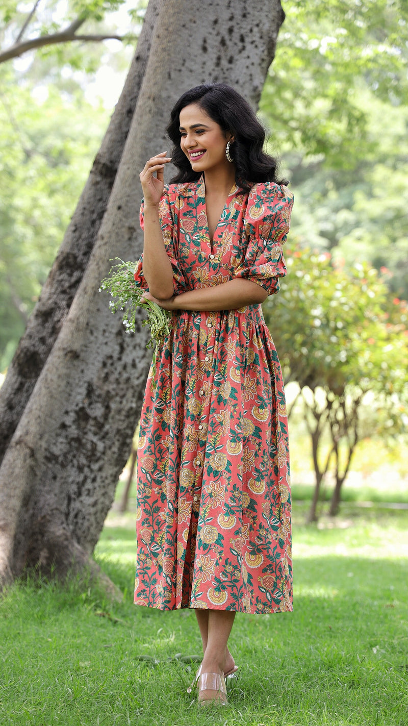 Deveshi- Adaara Floral Peach Mosh Pink Maxi Dress with Statement Sleeves
