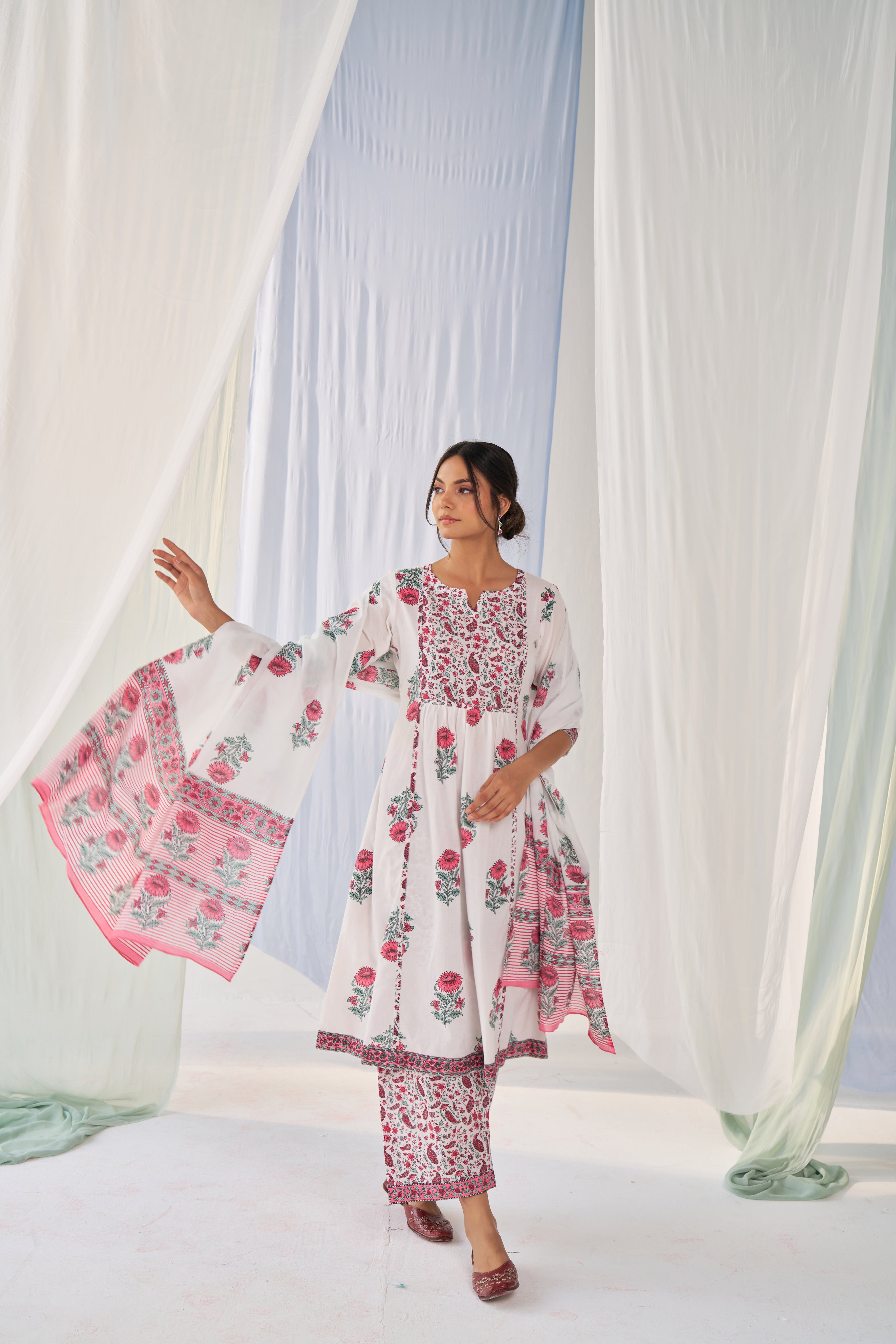 Seher - Adaara Cotton white block print suit set with pant and dupatta
