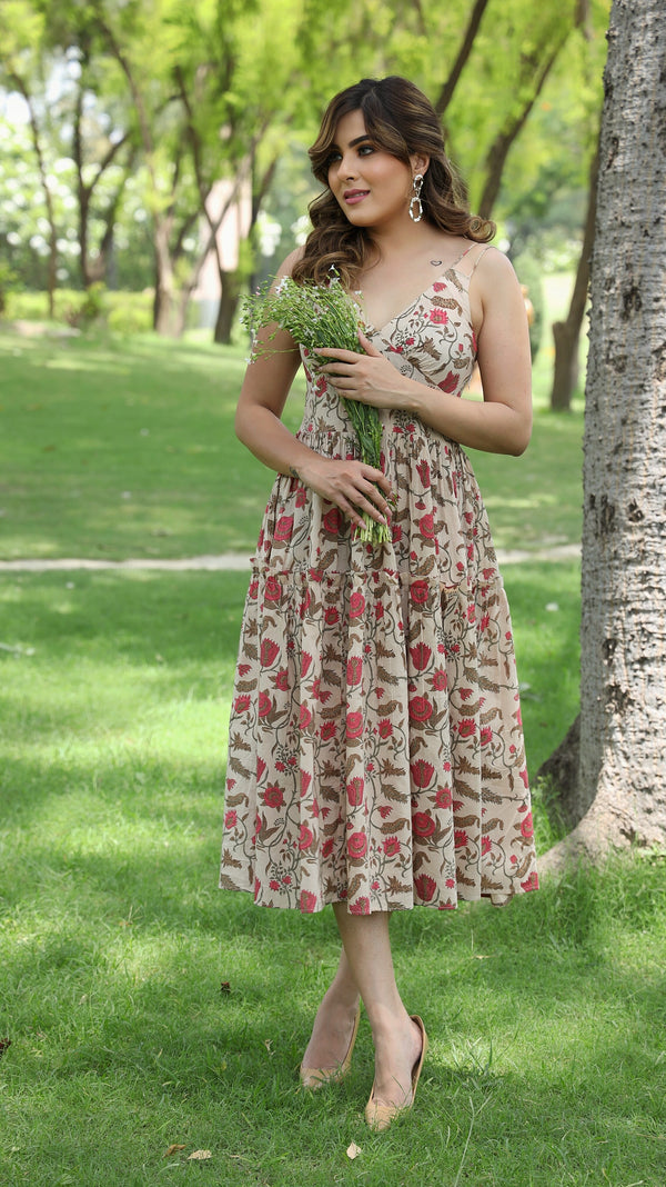 Tanisi- Adaara Floral Beige Ankle Length Dress Isla Style
