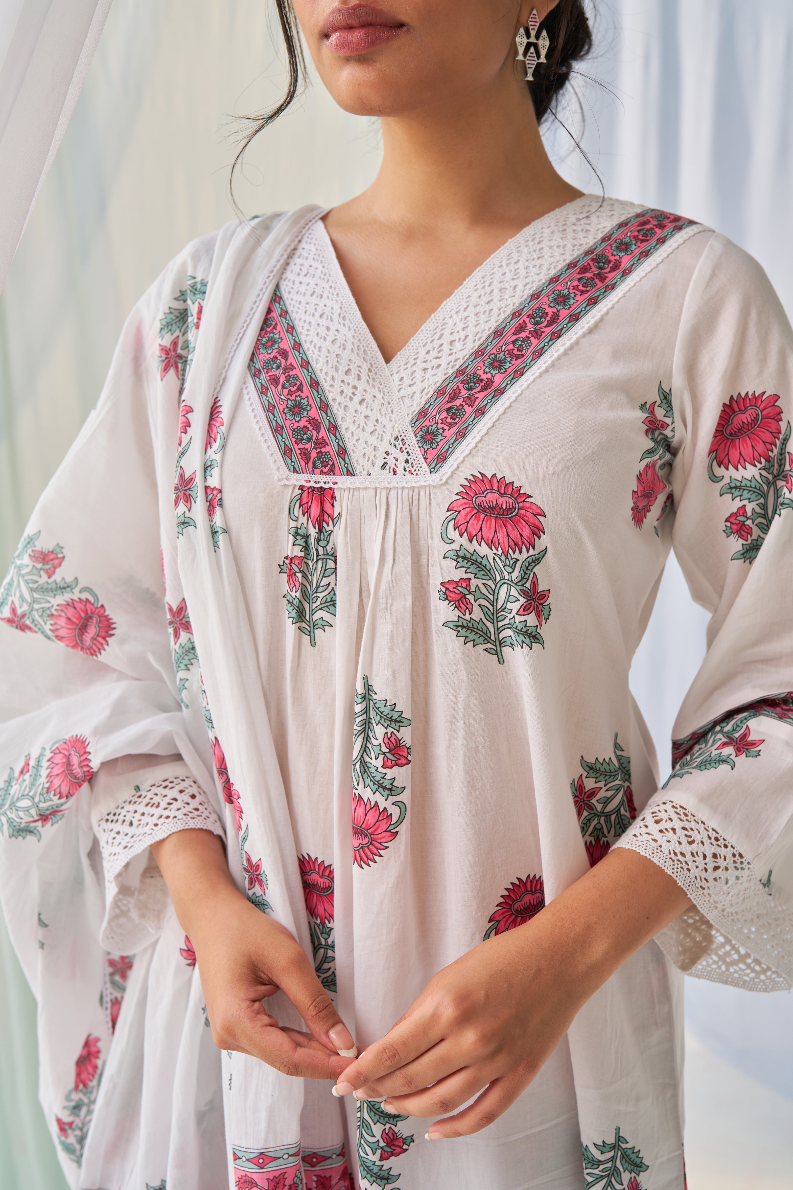 Soha - Adaara Cotton white block print suit set with crochet and border detailing on the neck