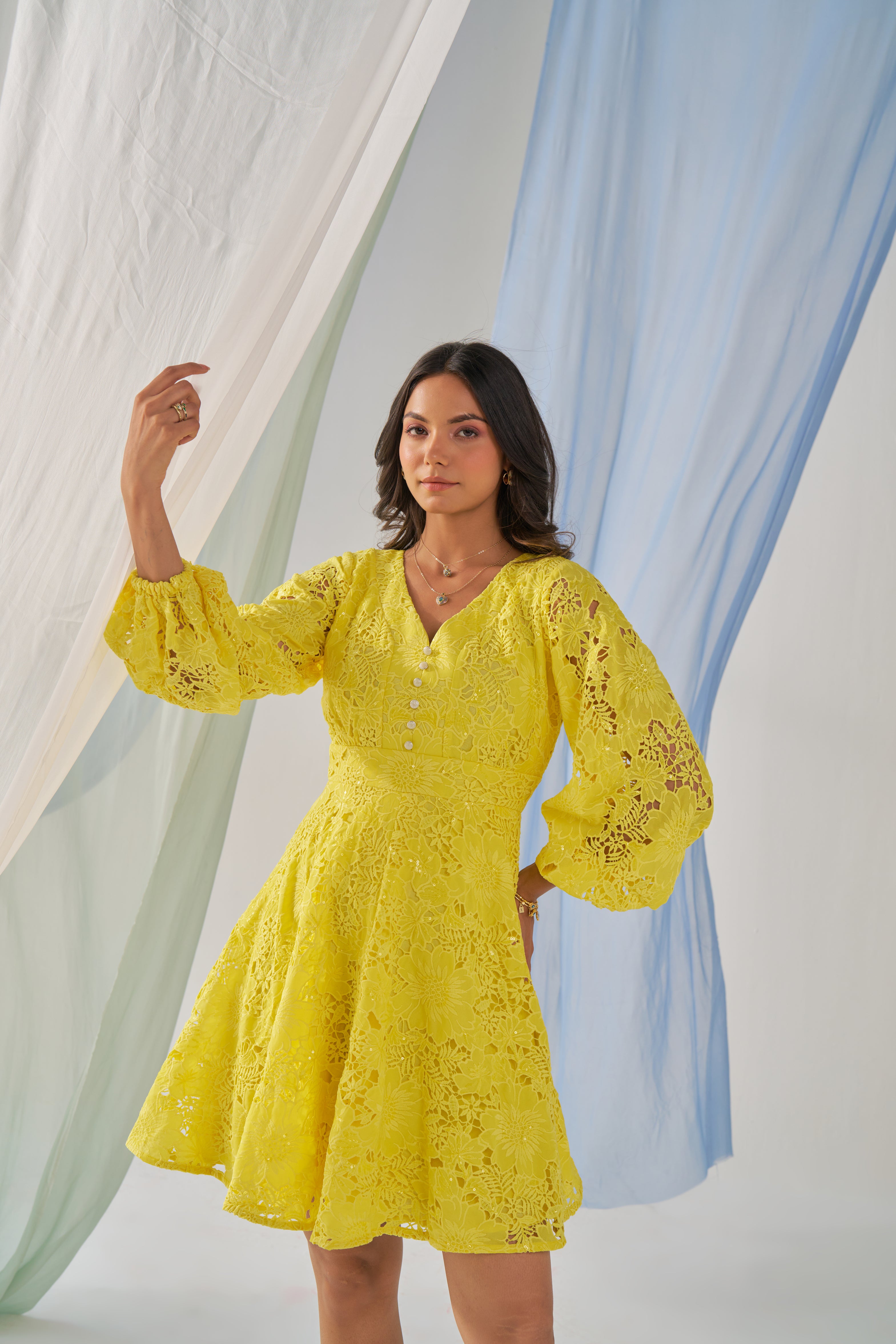 Pabbie- Adaara yellow cutwork knee length dress