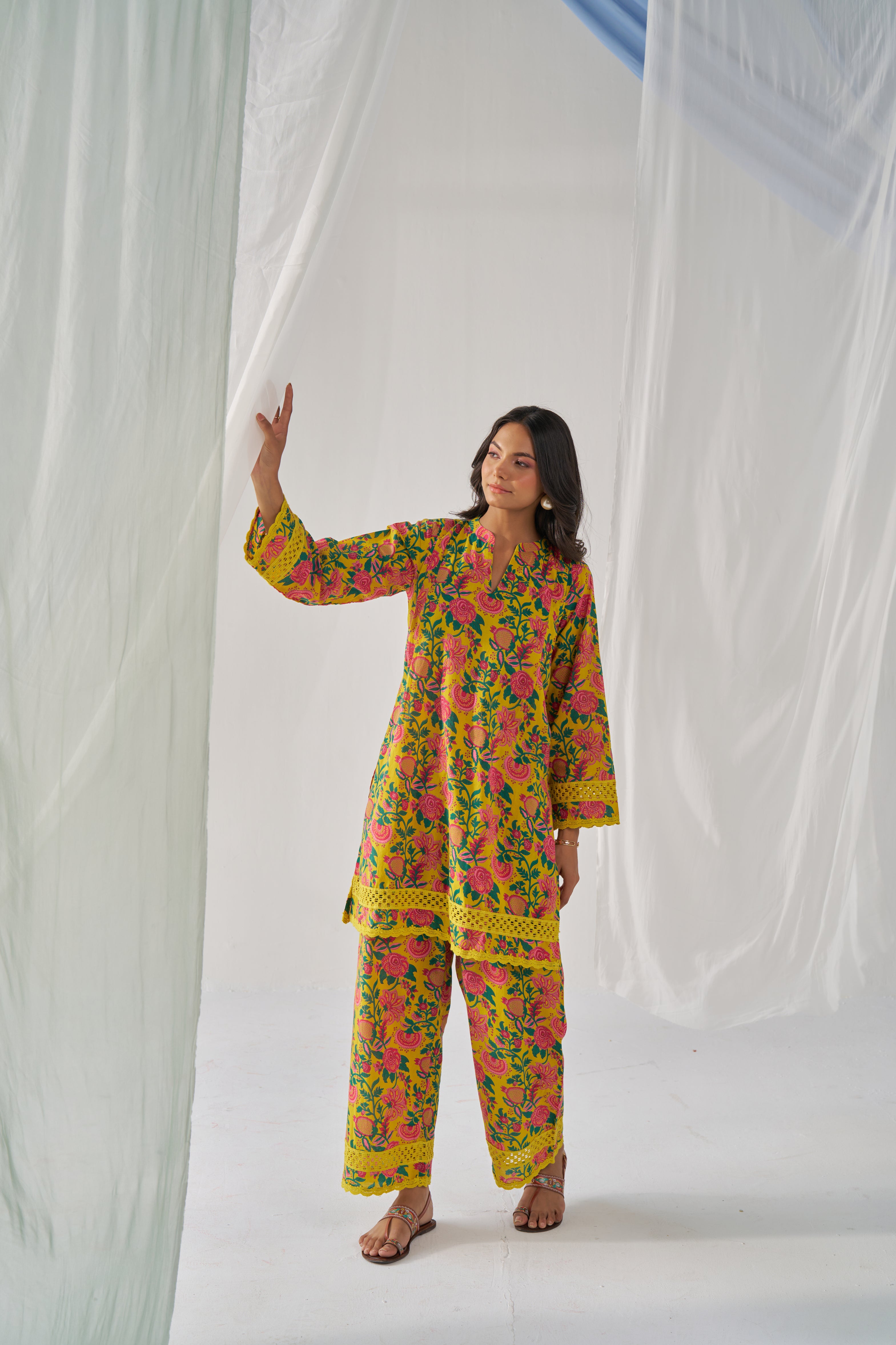 Dharini- Adaara cotton yellow co-ord set with crochet detailing