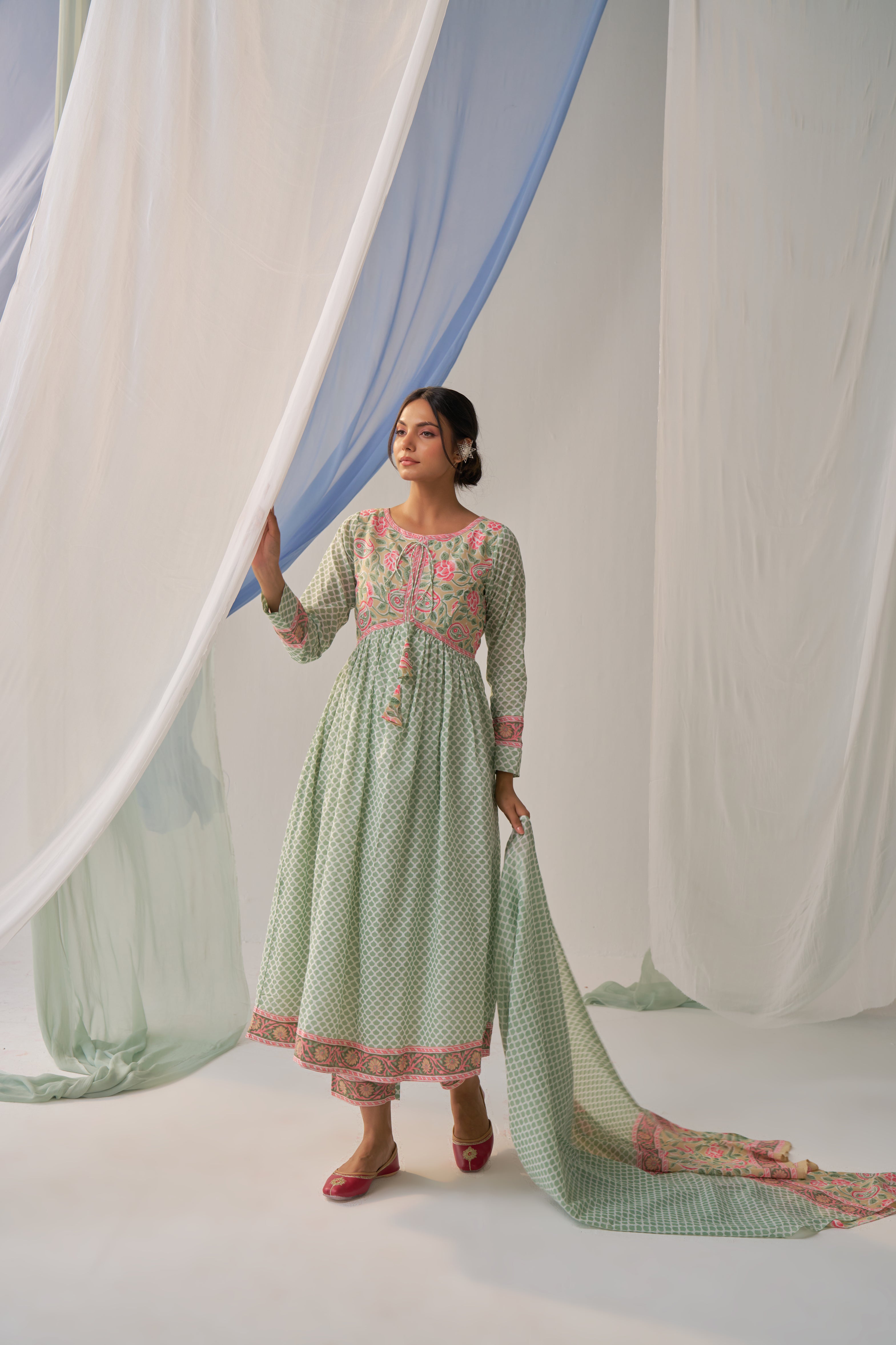 Barkha- Adaara Mal cotton Pastel green floral Anarkali with pant and Dupatta