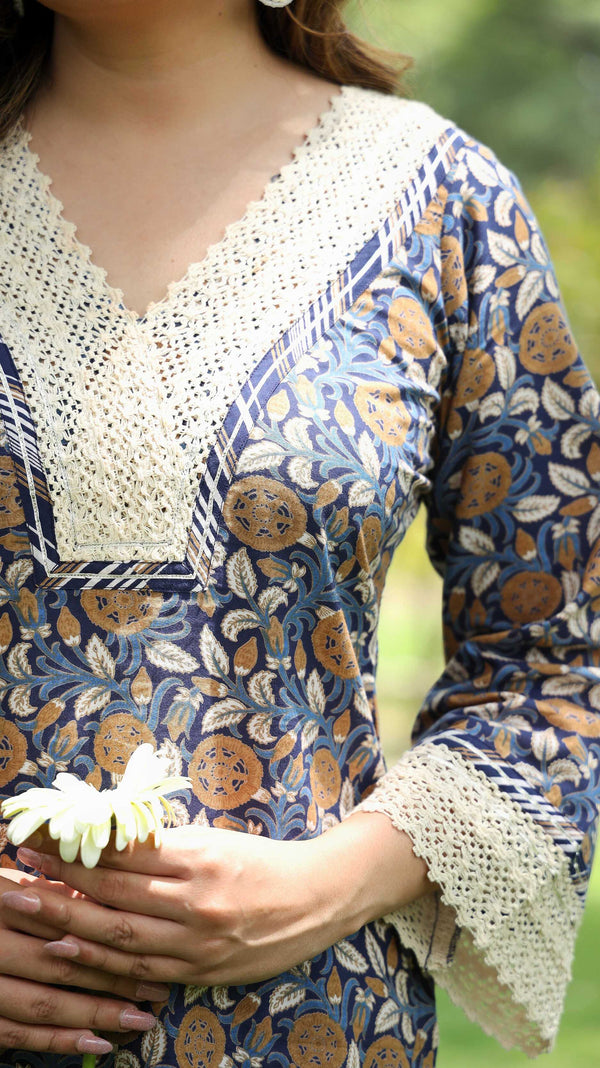 Vamini - Adaara Floral Navy Blue Kurta Coord Set with Crochet Detailing