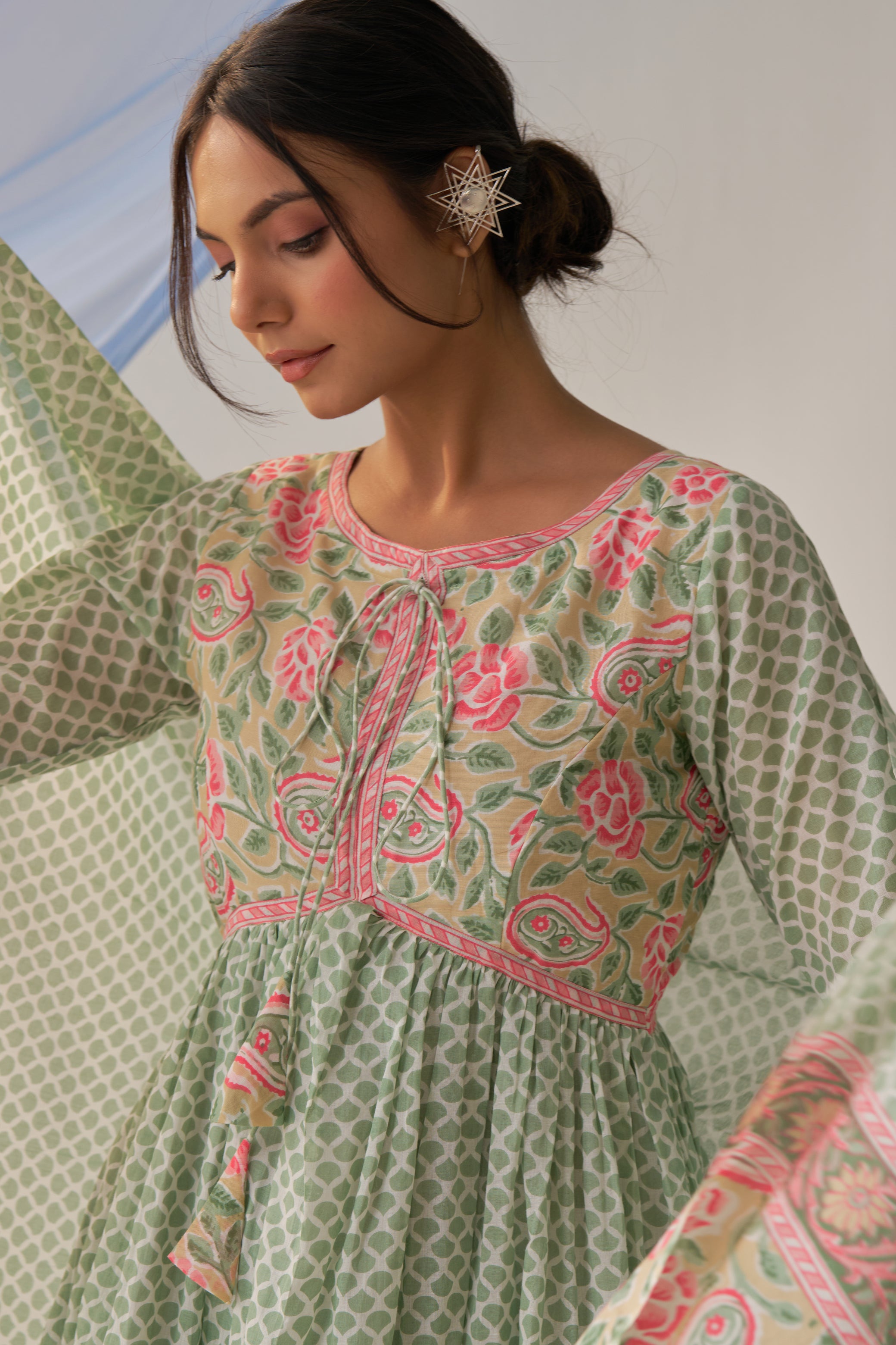 Barkha- Adaara Mal cotton Pastel green floral Anarkali with pant and Dupatta