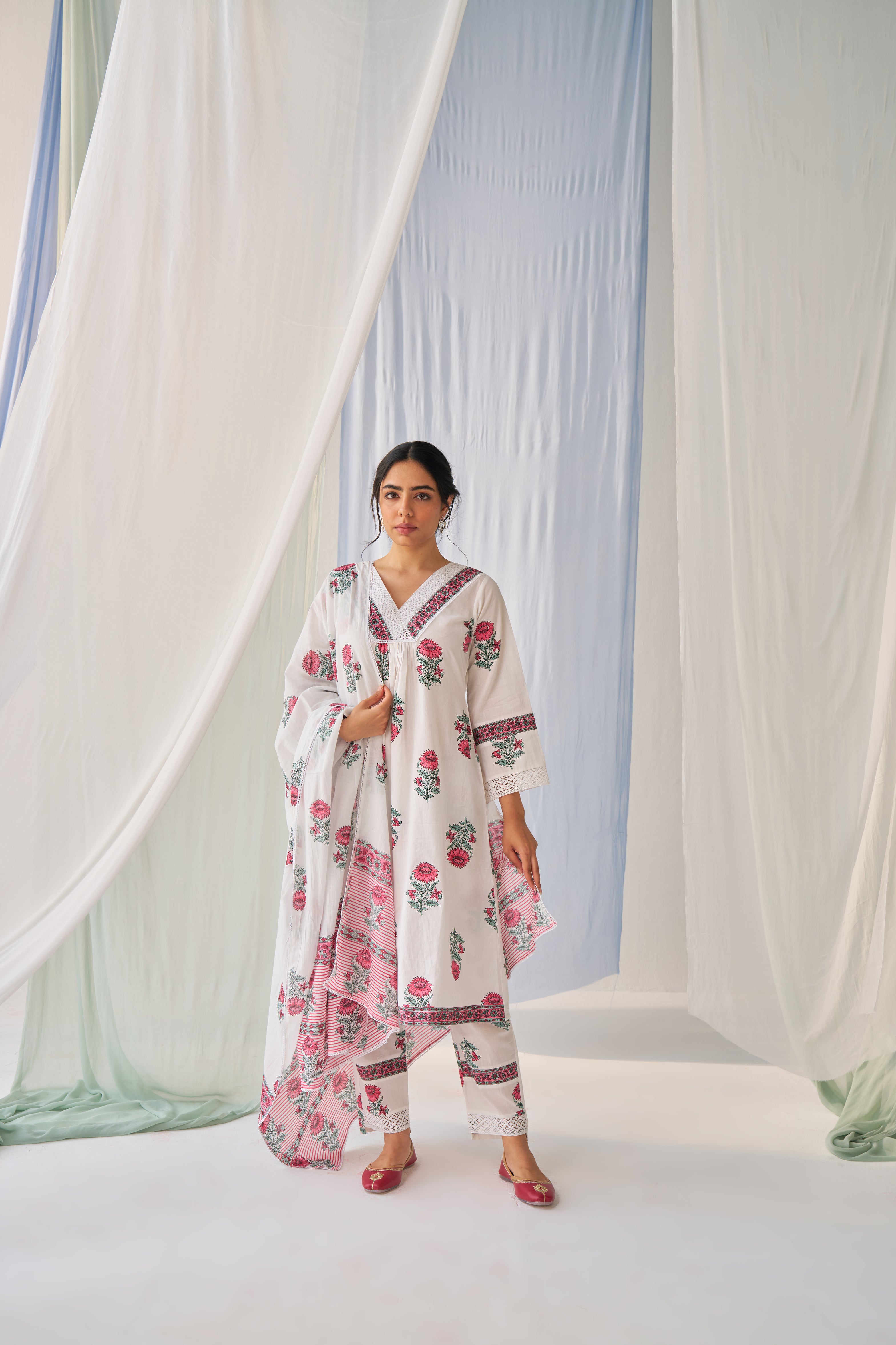 Soha - Adaara Cotton white block print suit set with crochet and border detailing on the neck