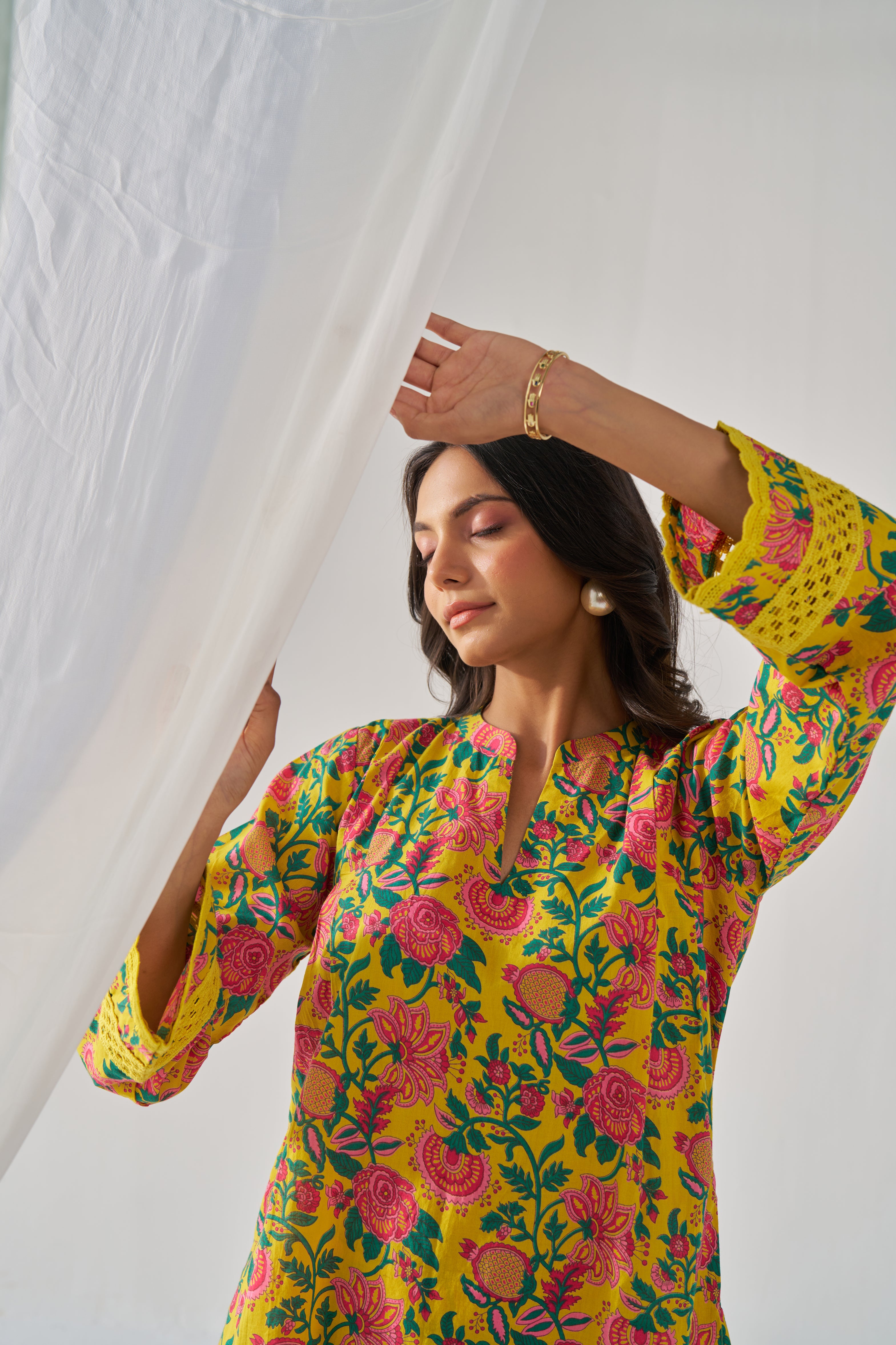 Dharini- Adaara cotton yellow co-ord set with crochet detailing