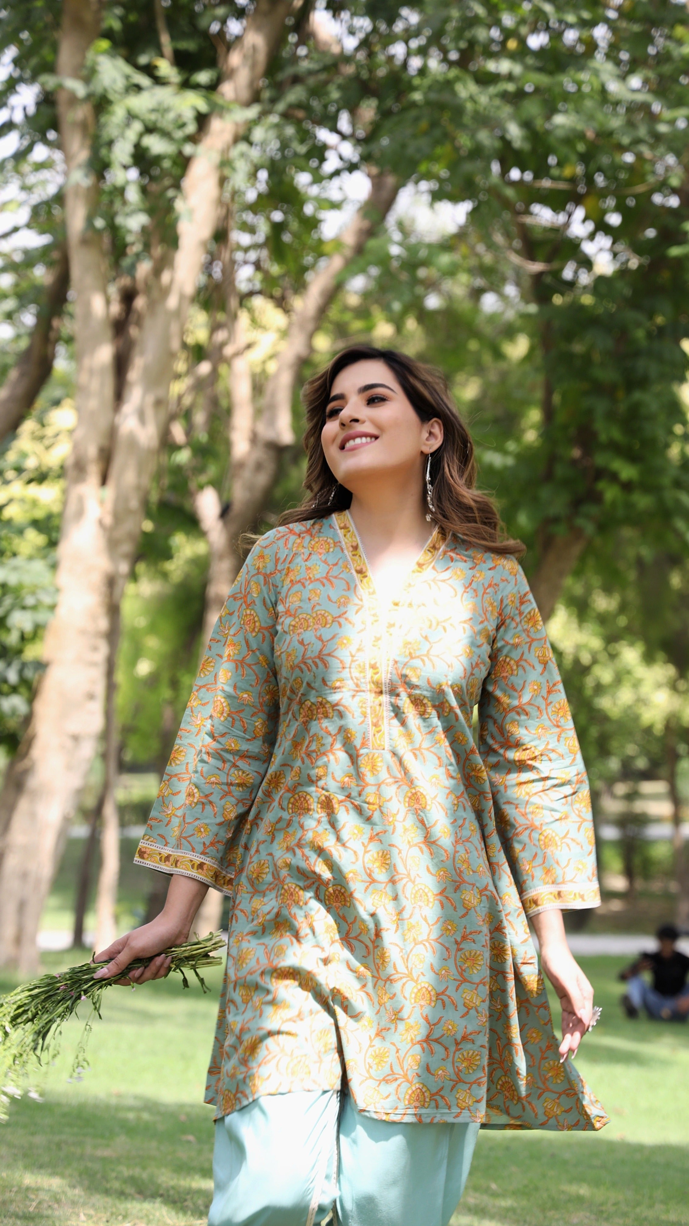 Anika - Adaara Floral Greenish Blue  A-line Kurta with Tulip Pants