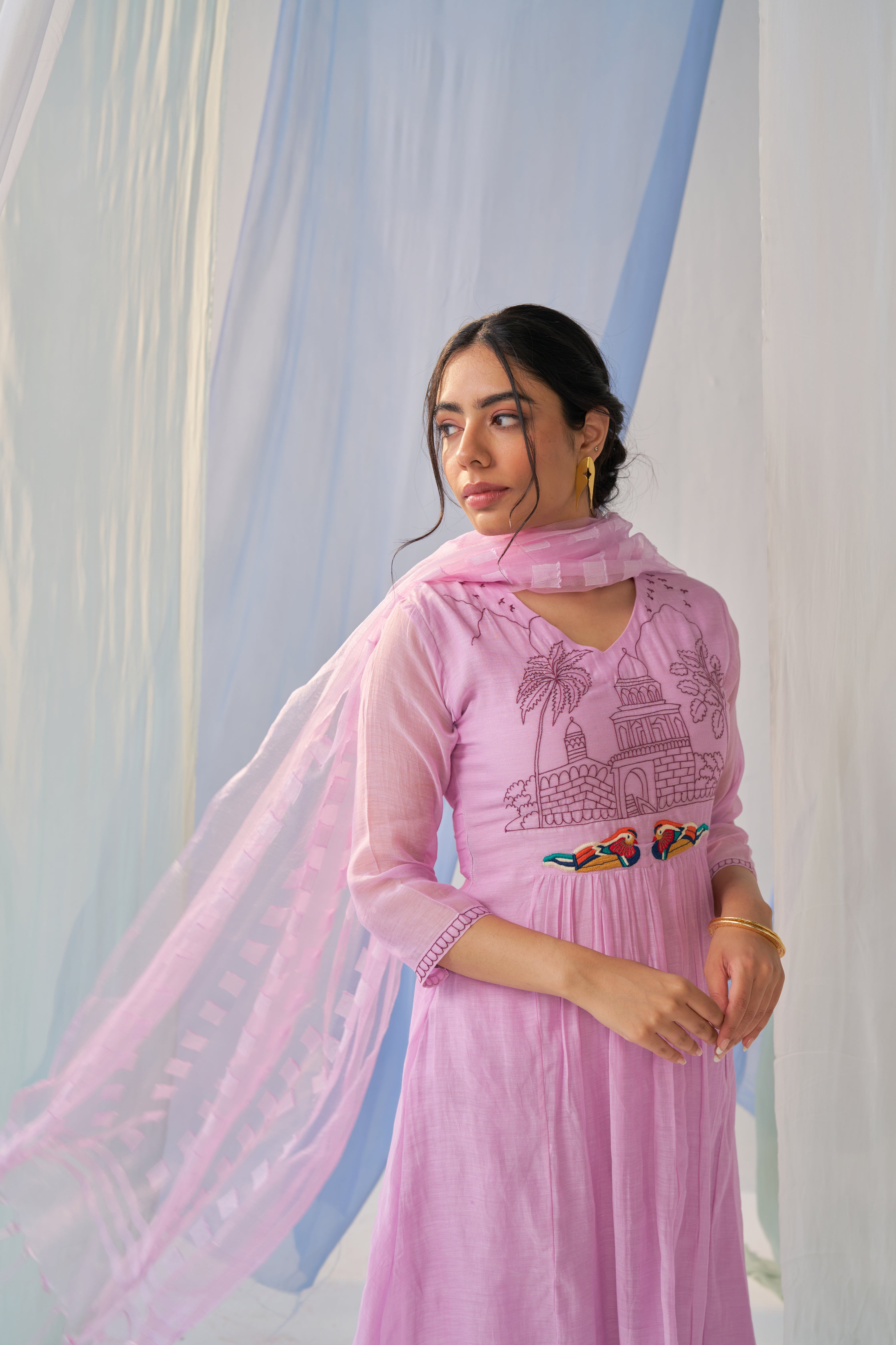 Adhira - Adaara Mal cotton Lavender A-line Suit set with Resham Embroidery and Kota Dupatta