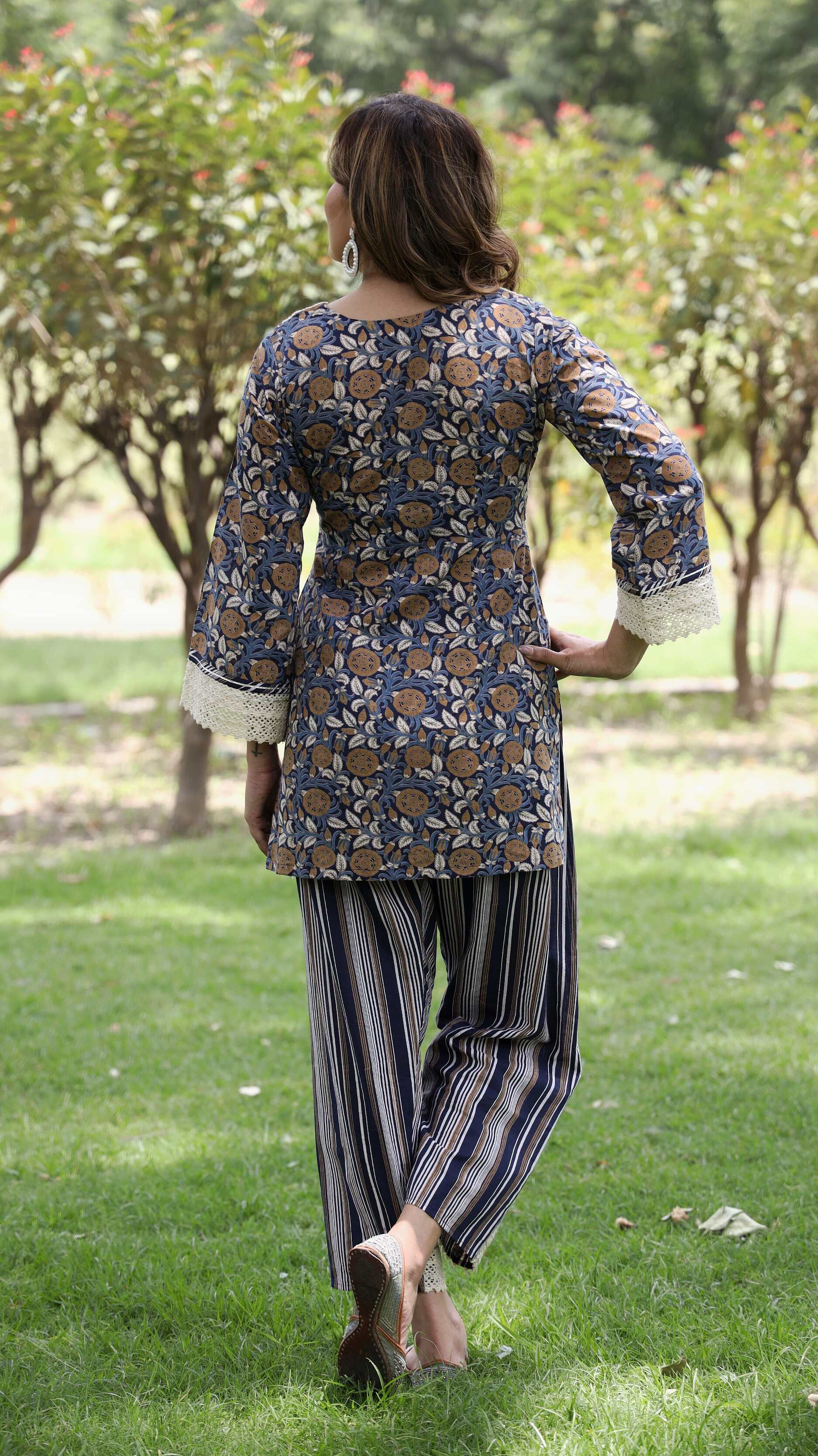 Vamini - Adaara Floral Navy Blue Kurta Coord Set with Crochet Detailing