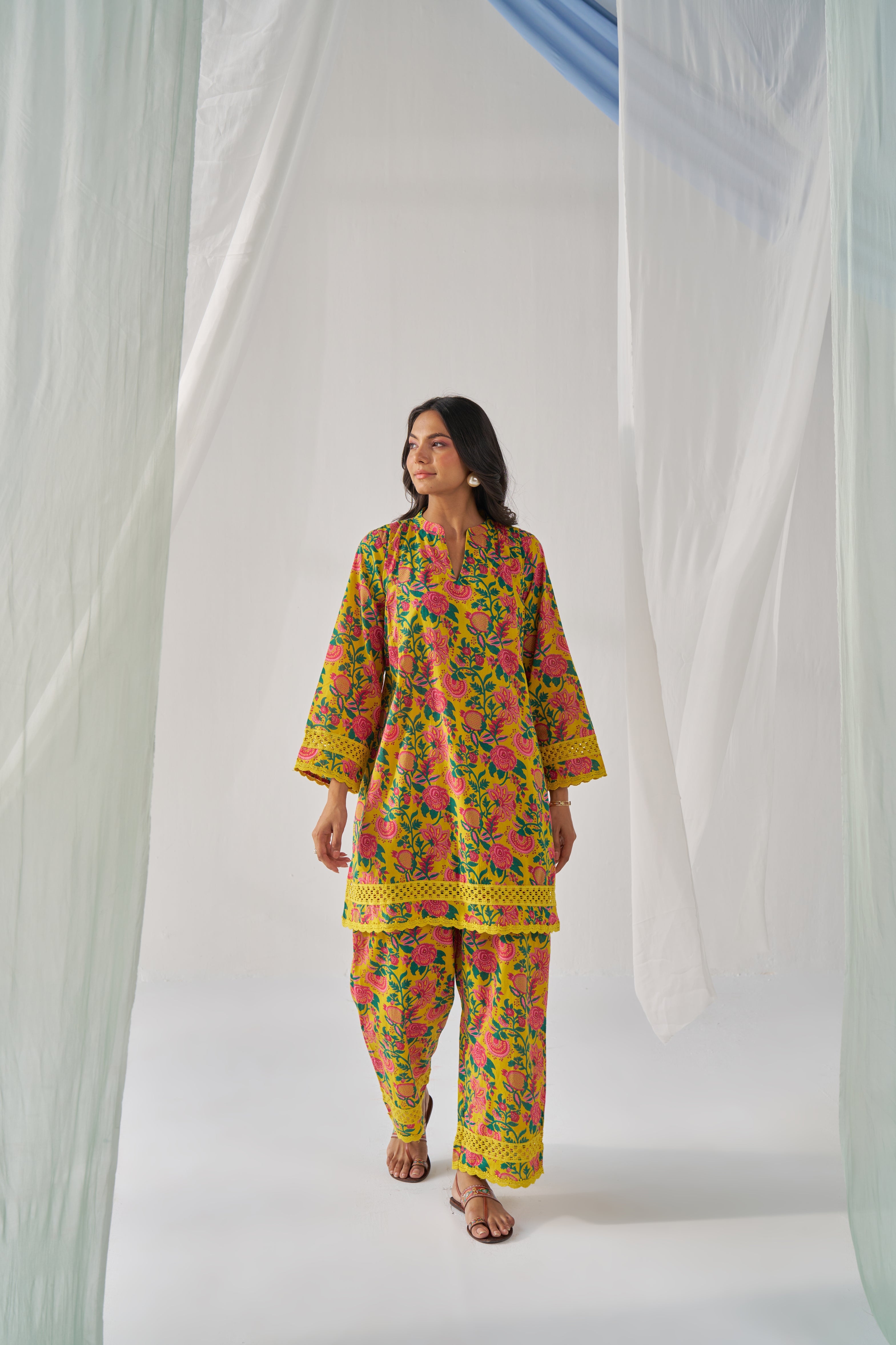 Dharini- Adaara cotton yellow co-ord set with crochet detailing