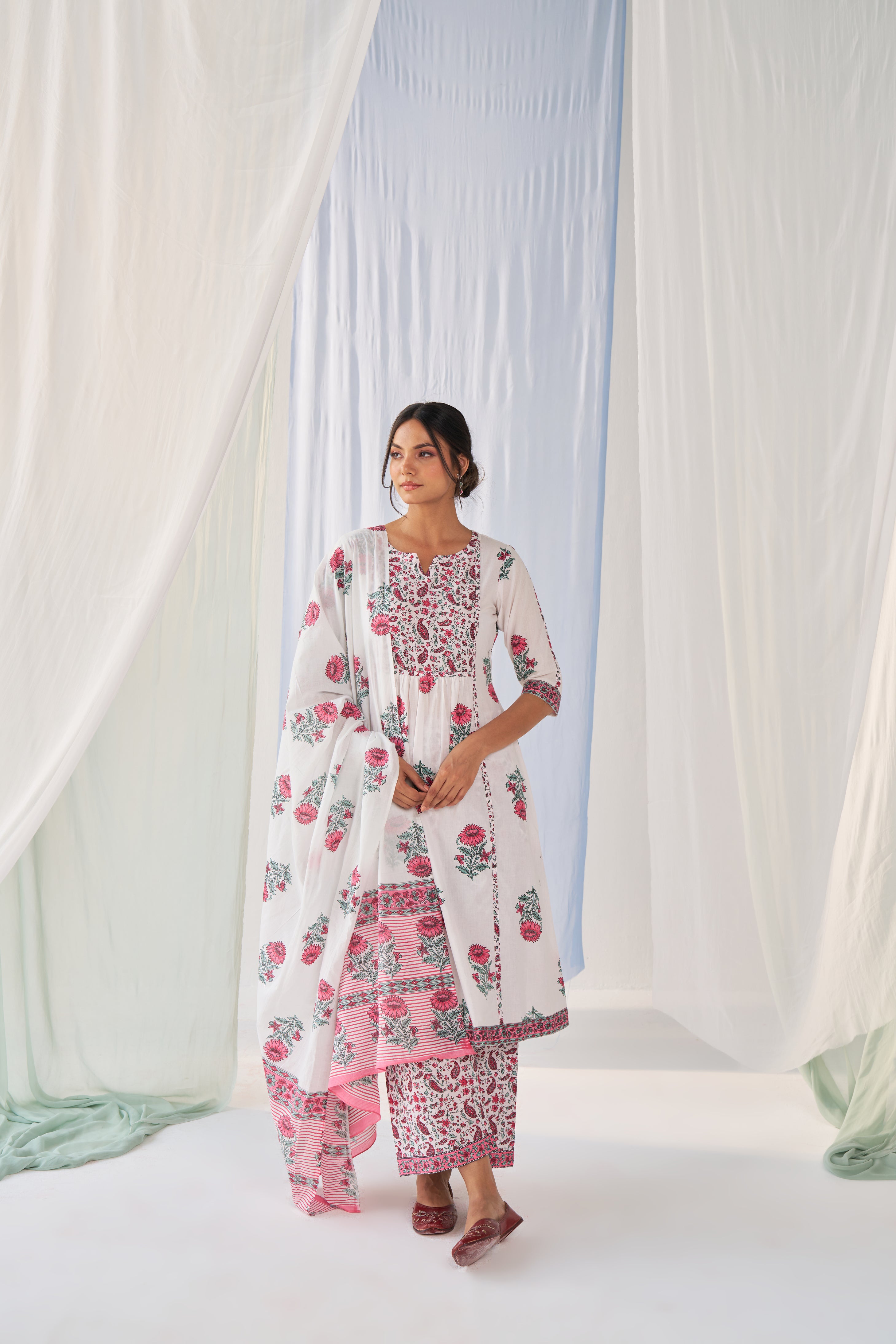 Seher - Adaara Cotton white block print suit set with pant and dupatta