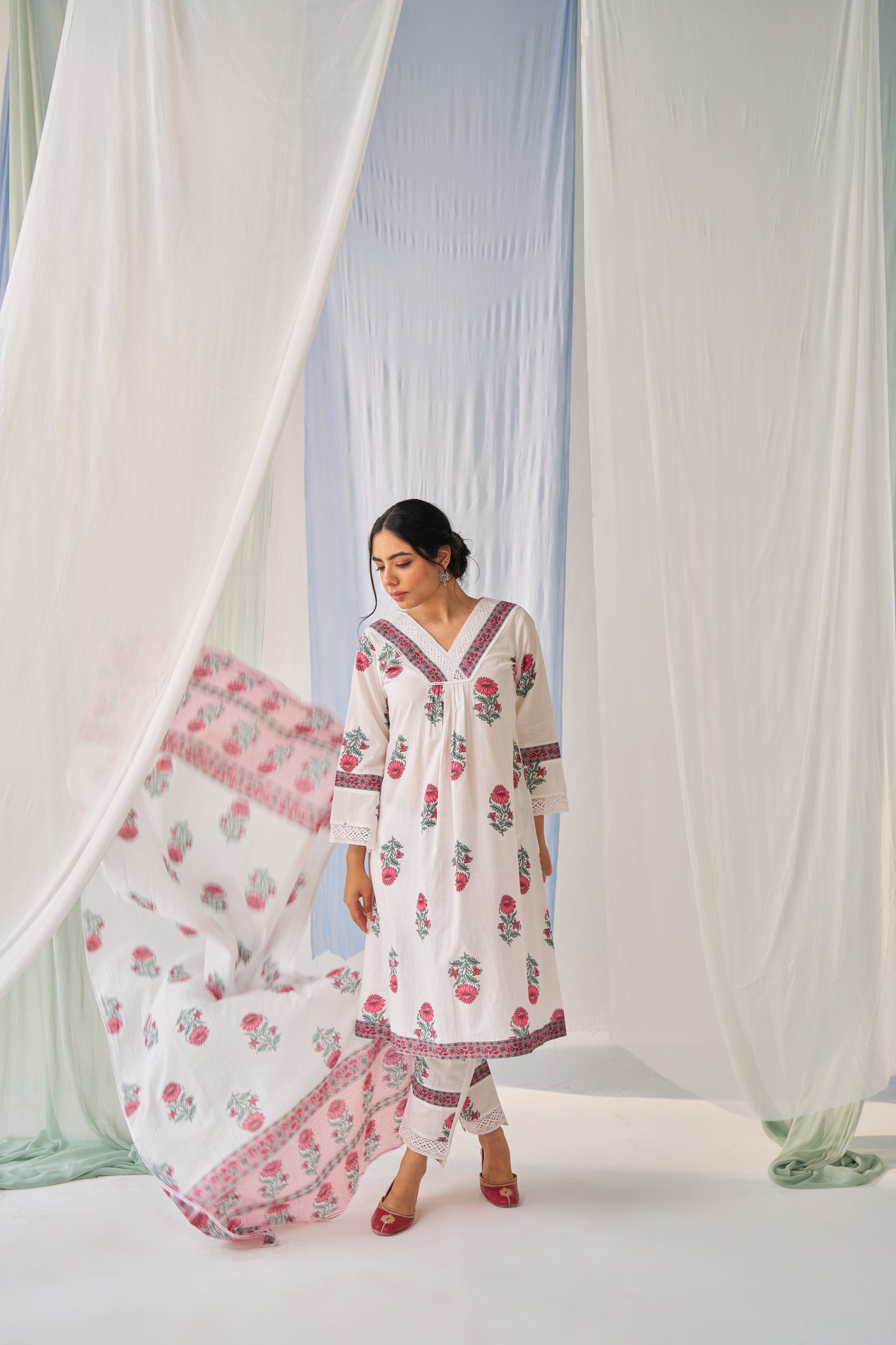 Soha - Adaara Cotton white block print suit set with crochet and border detailing on the neck