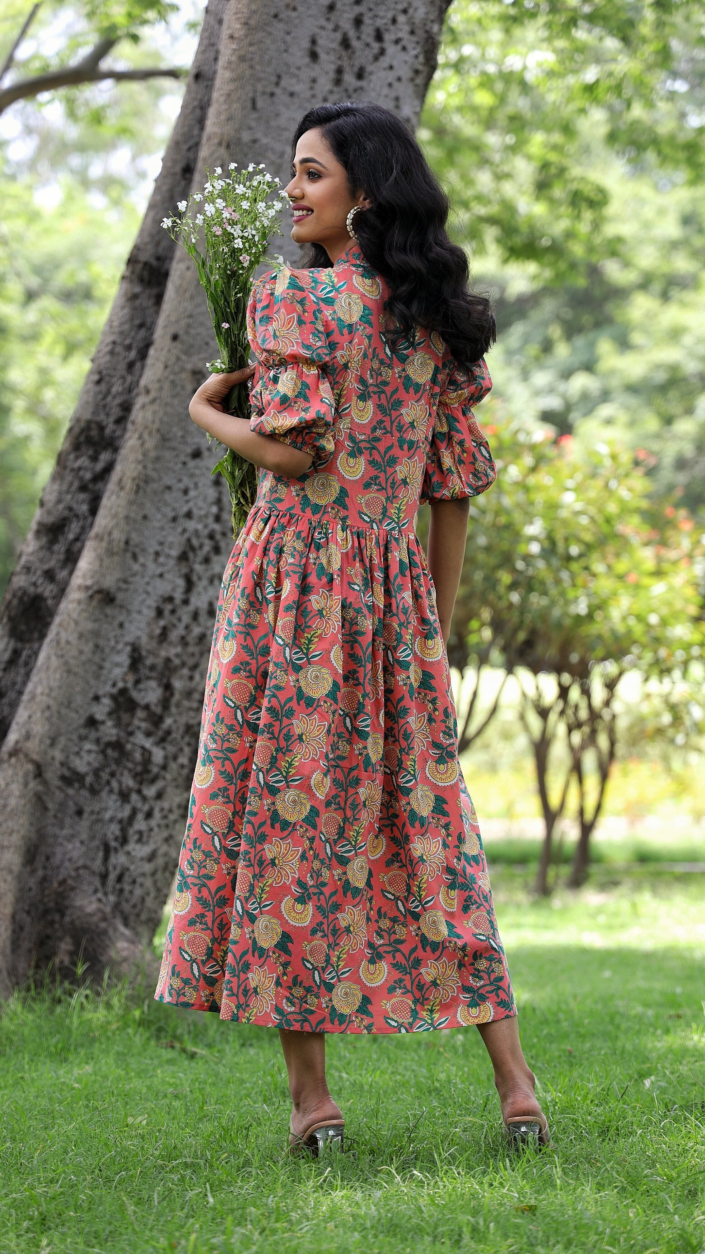 Deveshi- Adaara Floral Peach Mosh Pink Maxi Dress with Statement Sleeves