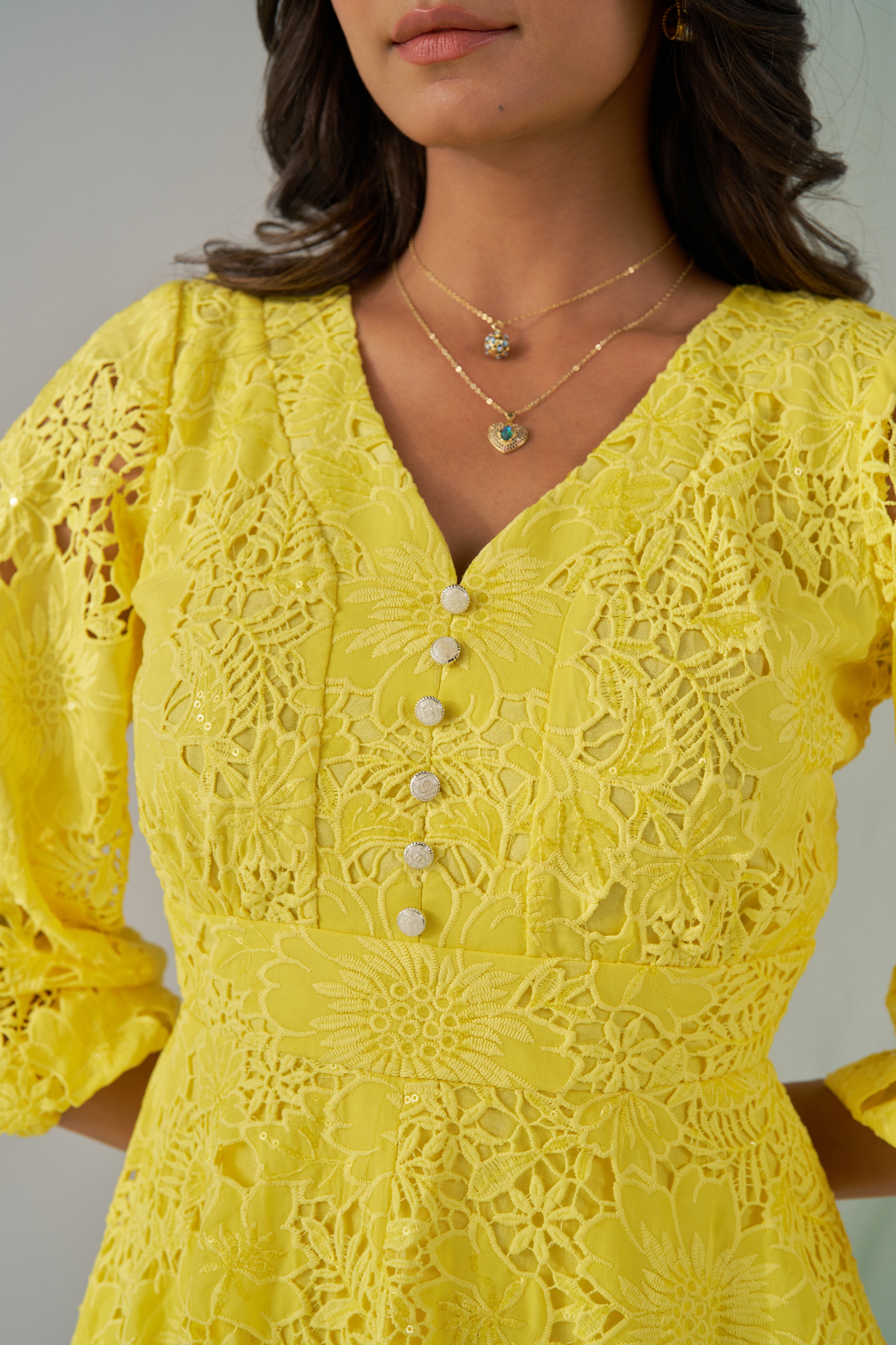 Pabbie- Adaara yellow cutwork knee length dress