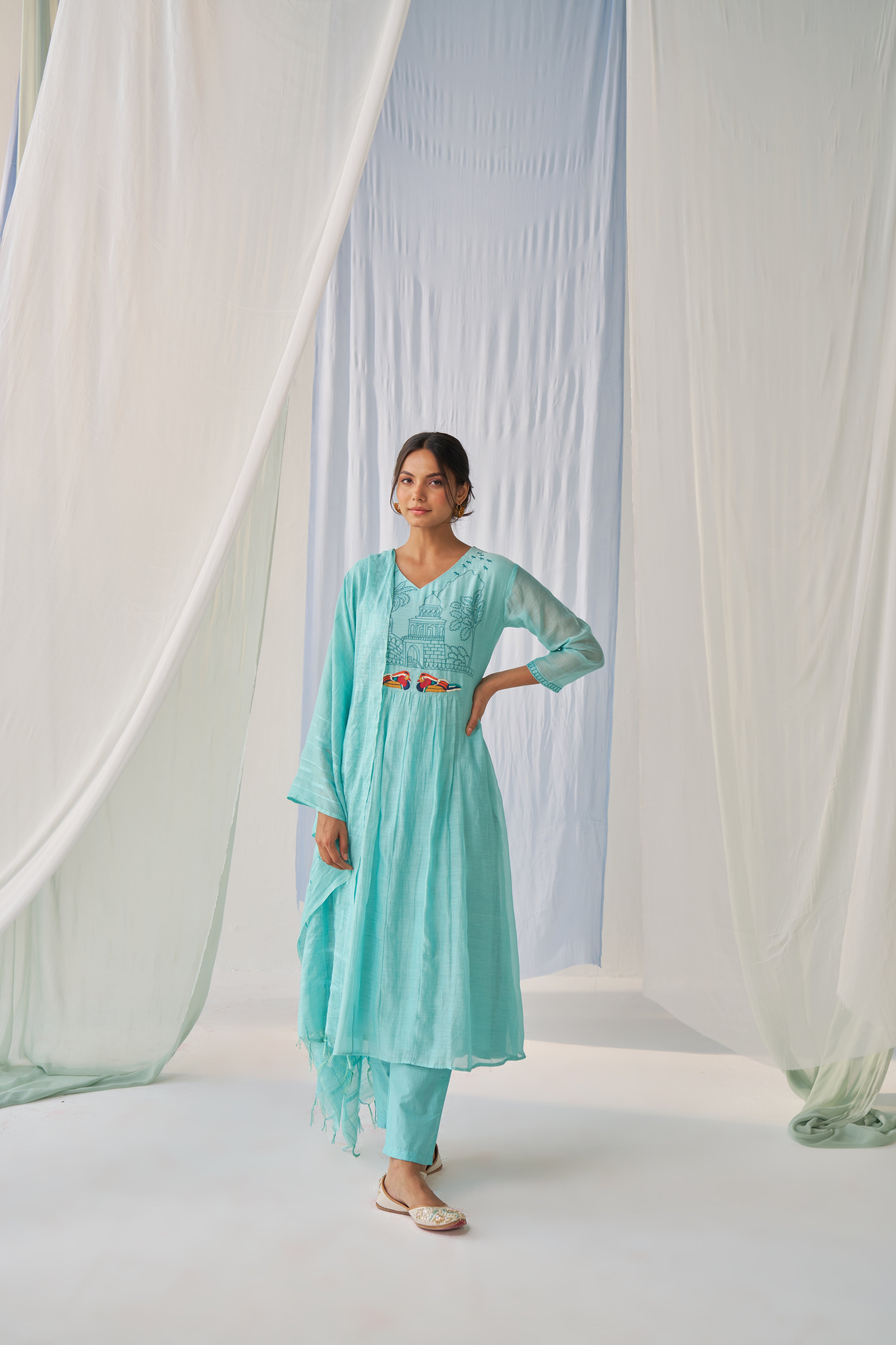 Ahana- Adaara Mal cotton green A-line Suit set with Resham Embroidery and Kota Dupatta